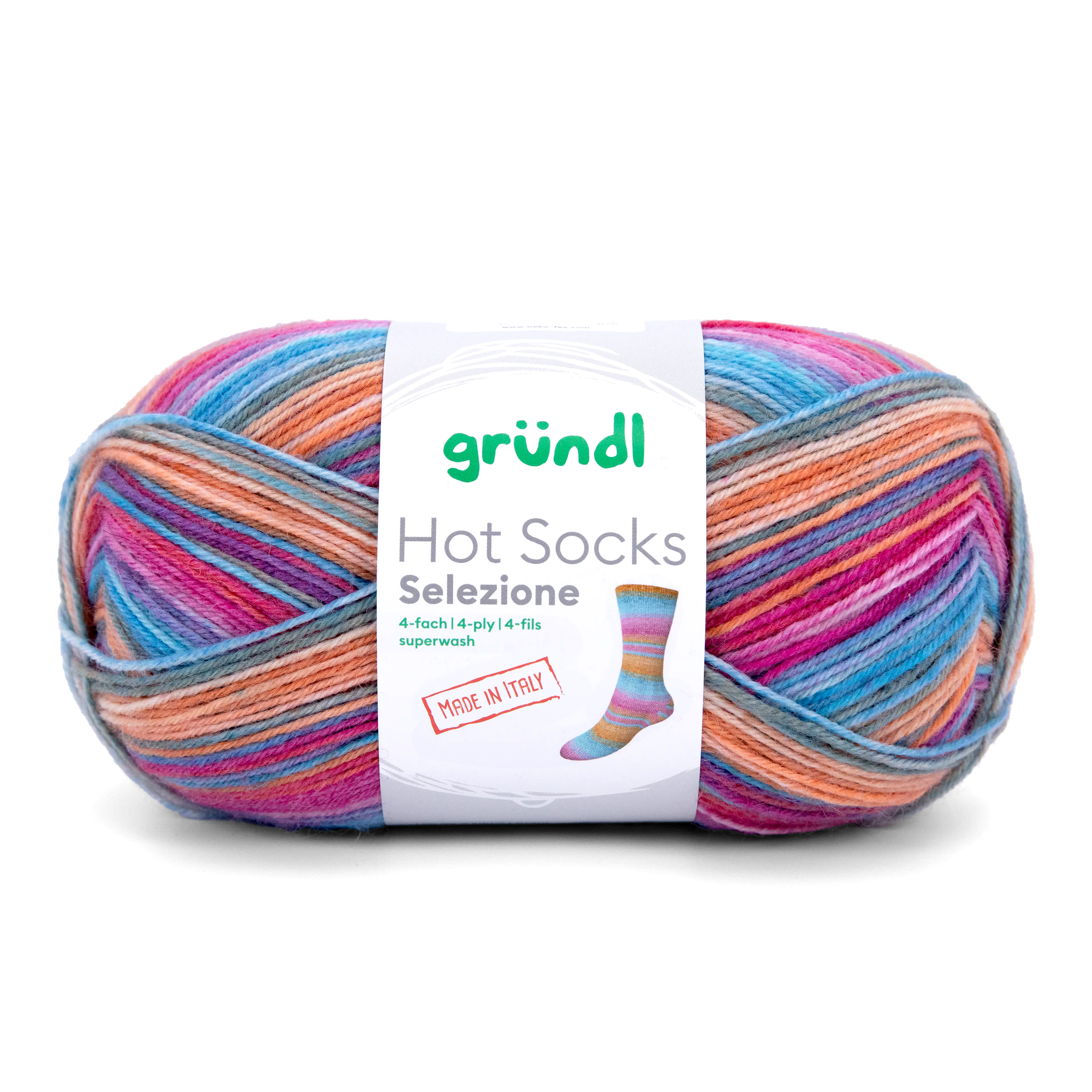Gründl Sockenwolle Hot Socks 100 g 4-fach, türkisblau-himbeerrot-orange-meeresgrün