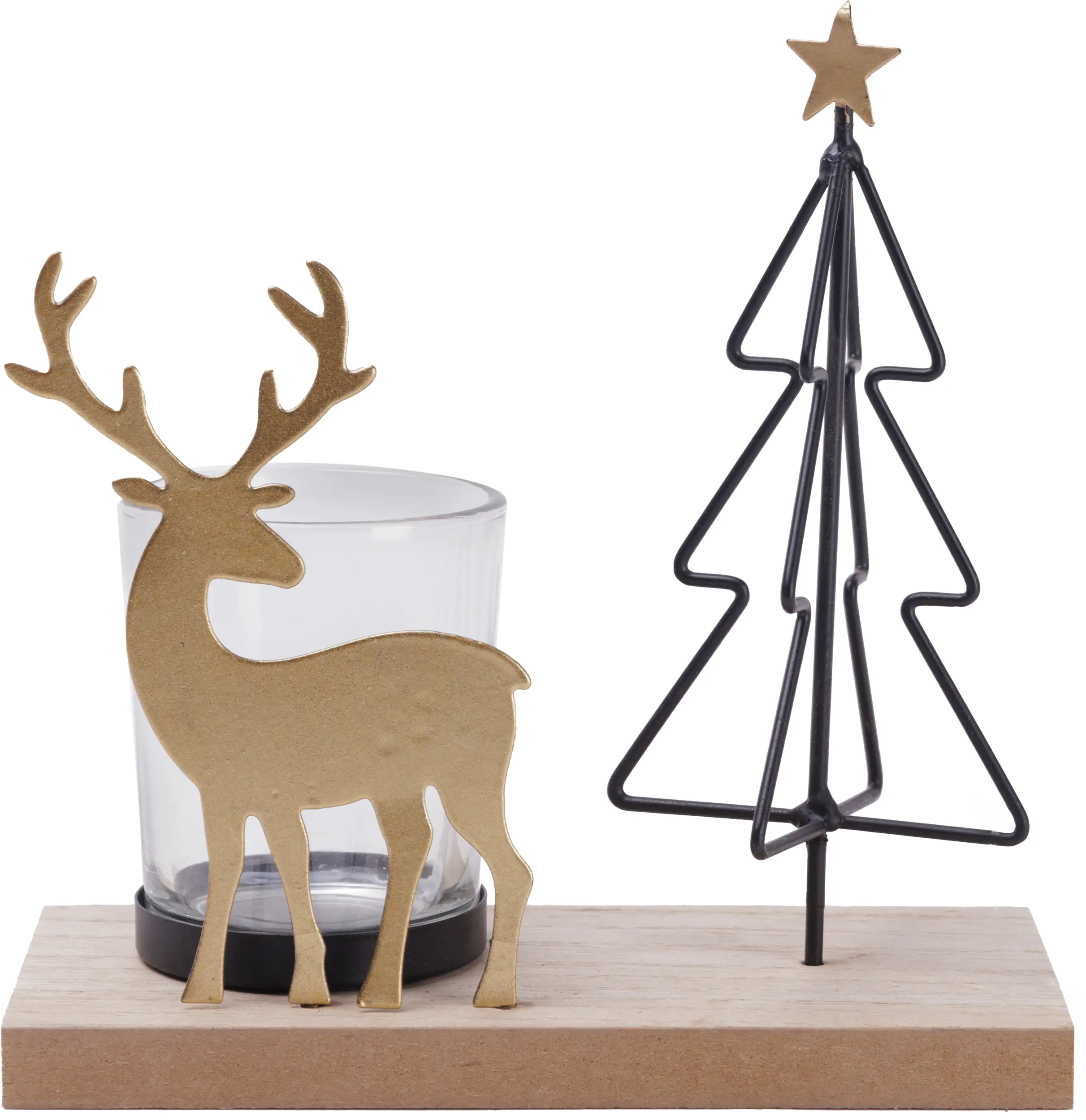 TrendLine Teelichthalter Holz-Metall mit Hirsch und Tannenbaum 15 x 15 cm natur-schwarz