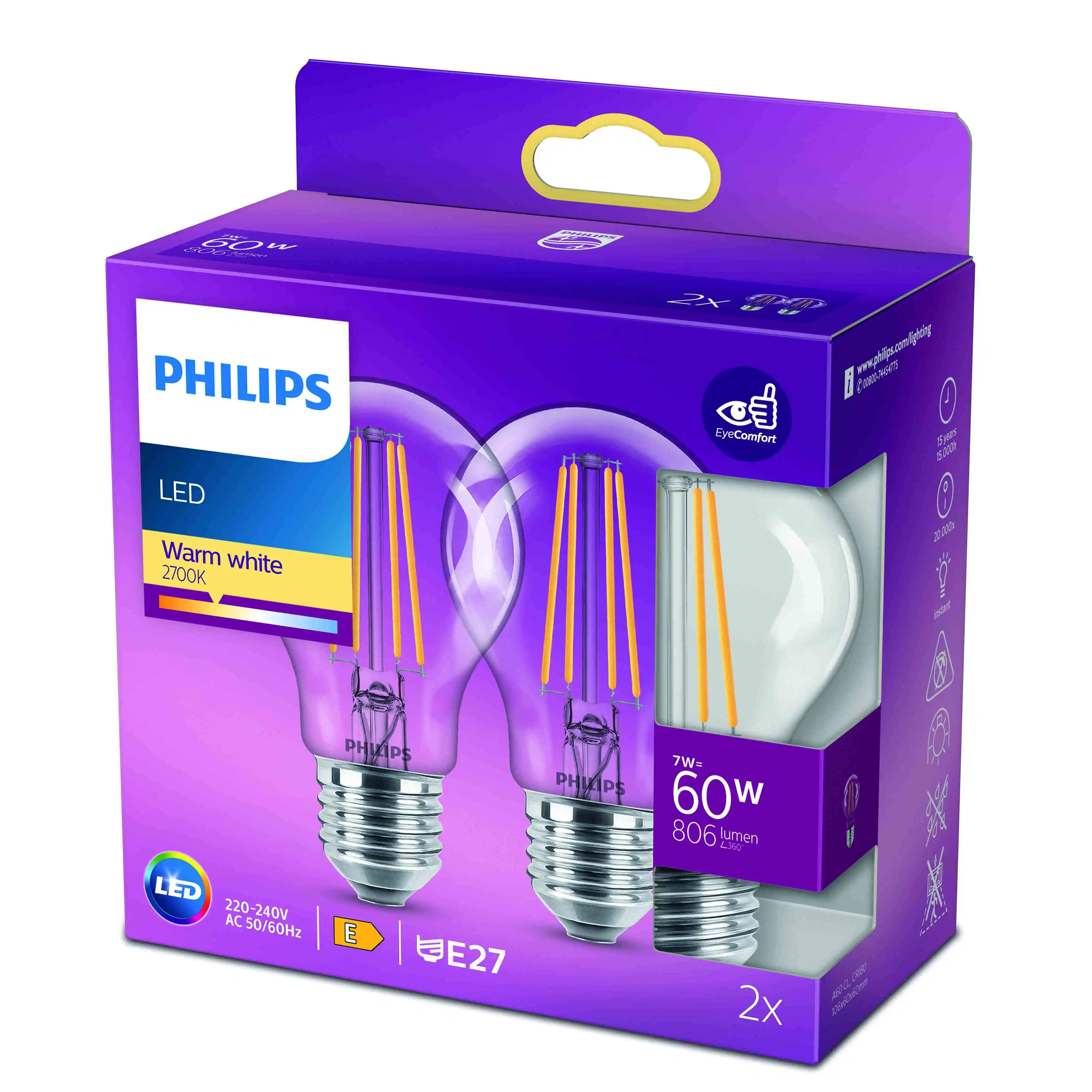 Philips LED-Leuchtmittel Birnenform A60 E27 7W warmweiß