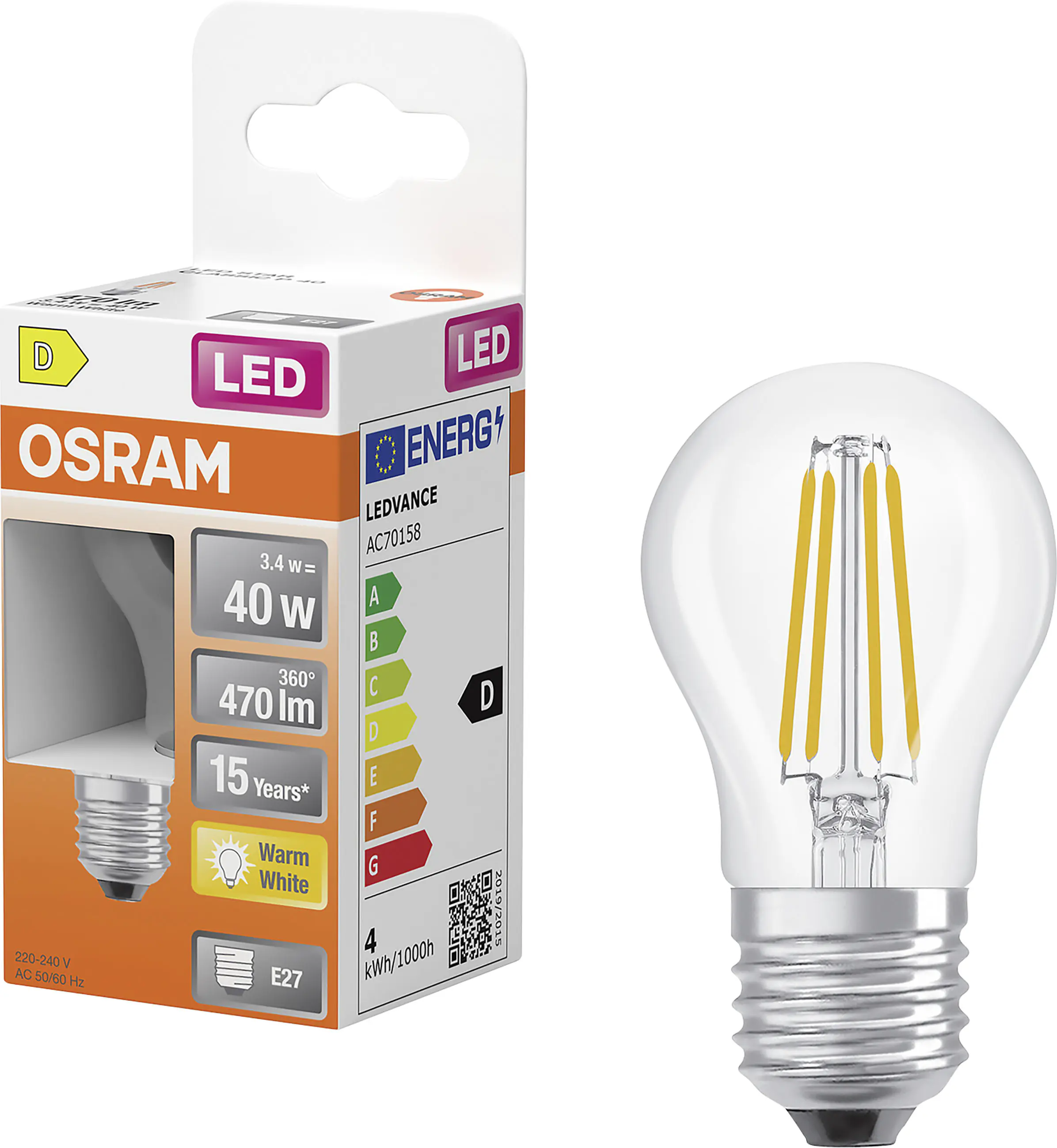 Osram LED Leuchtmittel Star Classic 3,4W klar E27 warmweiß