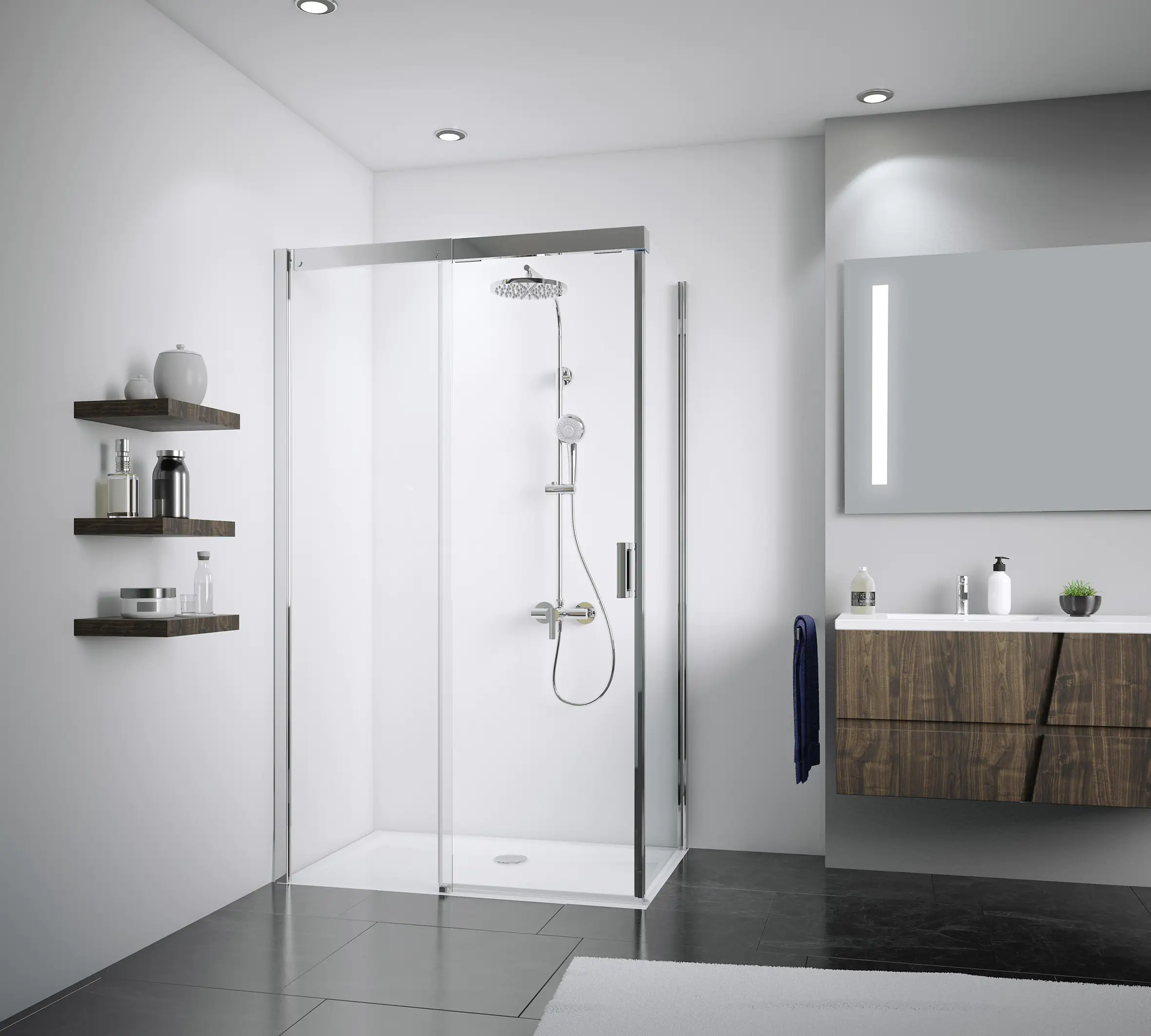 Breuer Schiebetür für Seitenwand Panorama 180 x 200 cm, Alu Chromeffekt, Klarglas/Spiegelglas