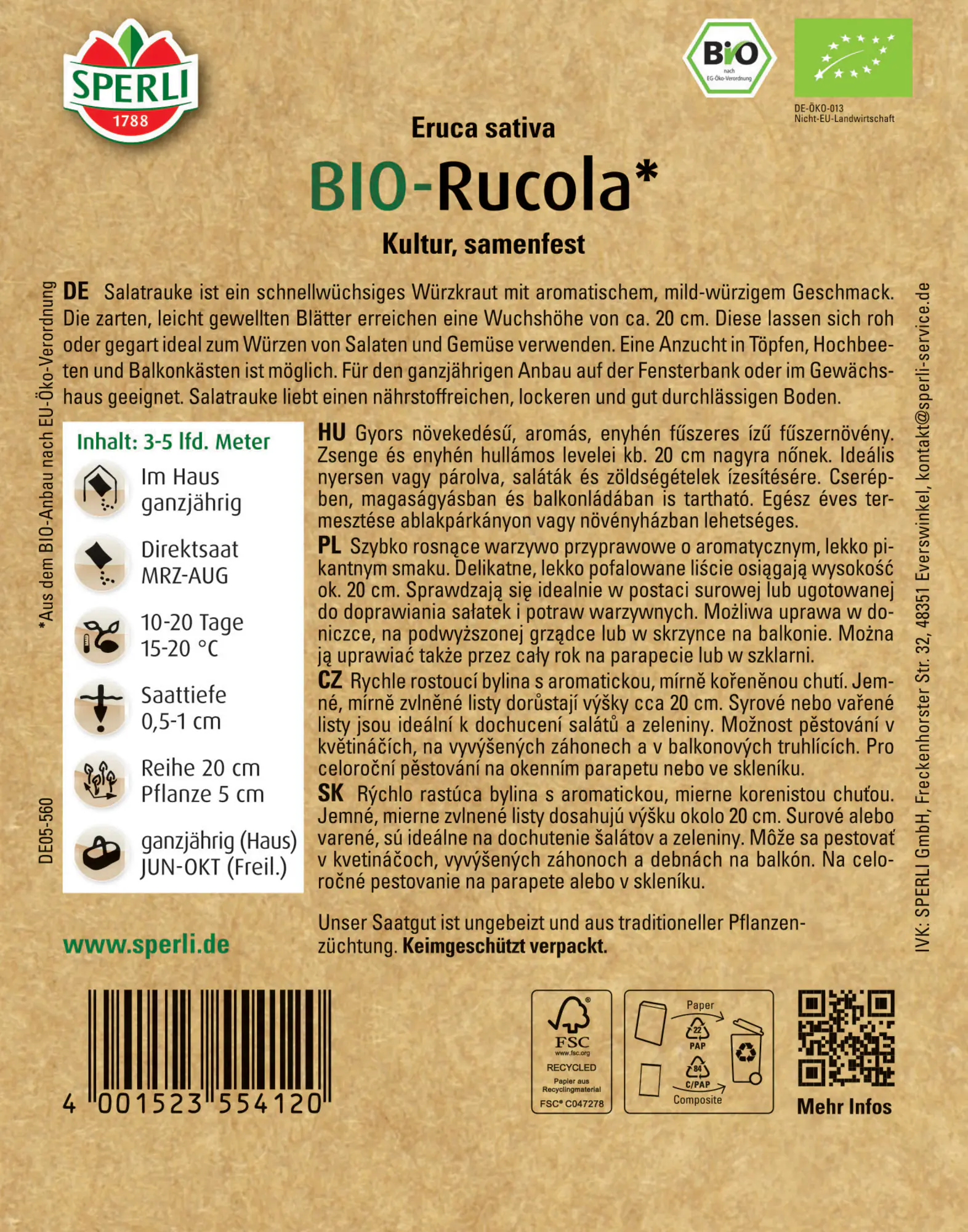 Sperli Saatgut BIO Salatrauke für ca. 0,5 – 1 m²