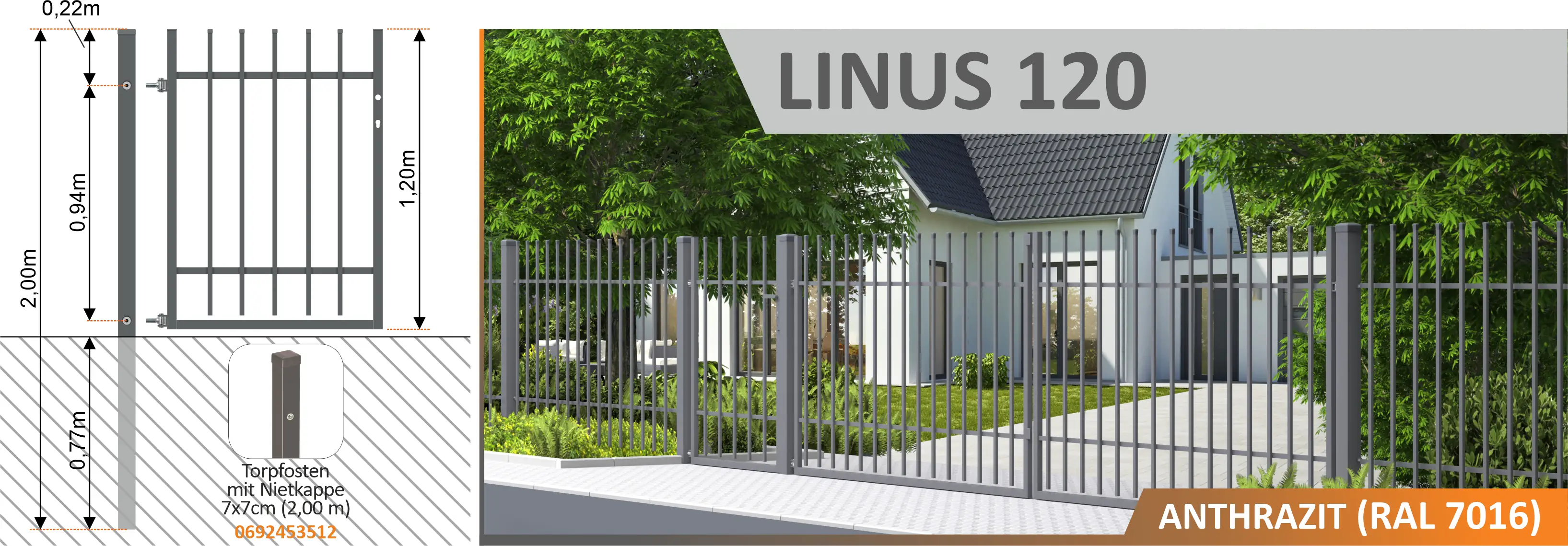 5901122317449_2 Polbram Einzeltor Linus 120 rechts 90 x 120 cm, RAL-Farbe 7016