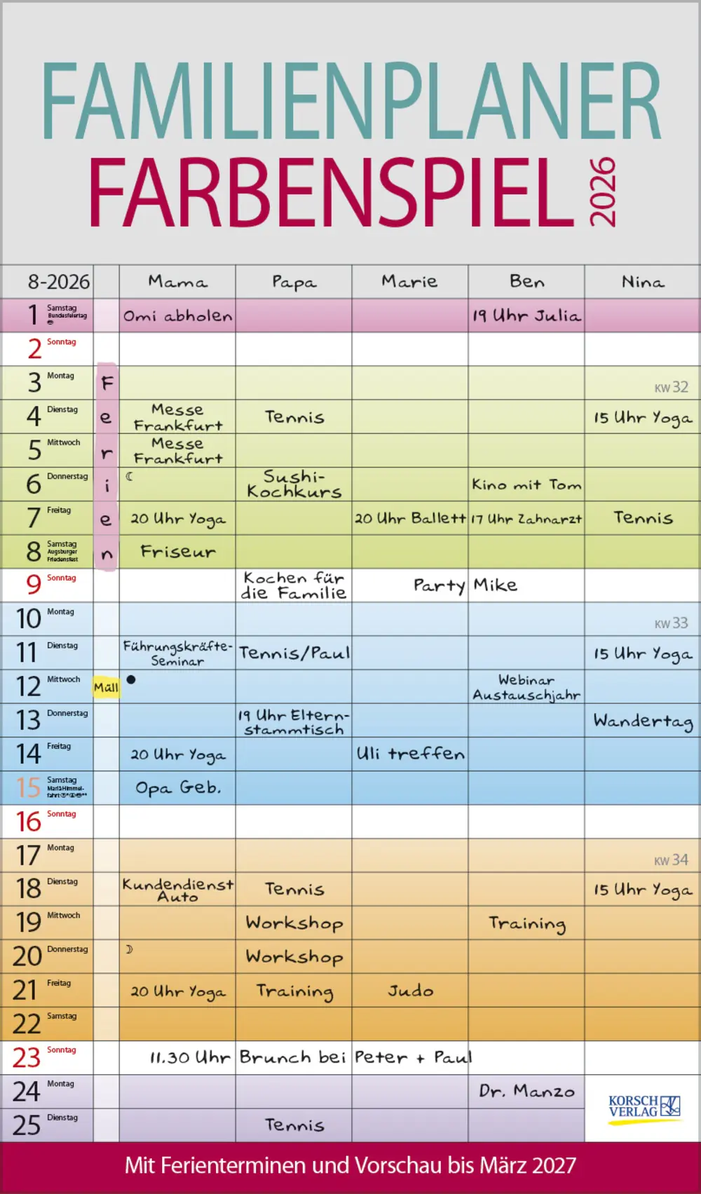 Korsch Kalender Familienplaner 2026 Farbenspiel 27 x 46 cm
