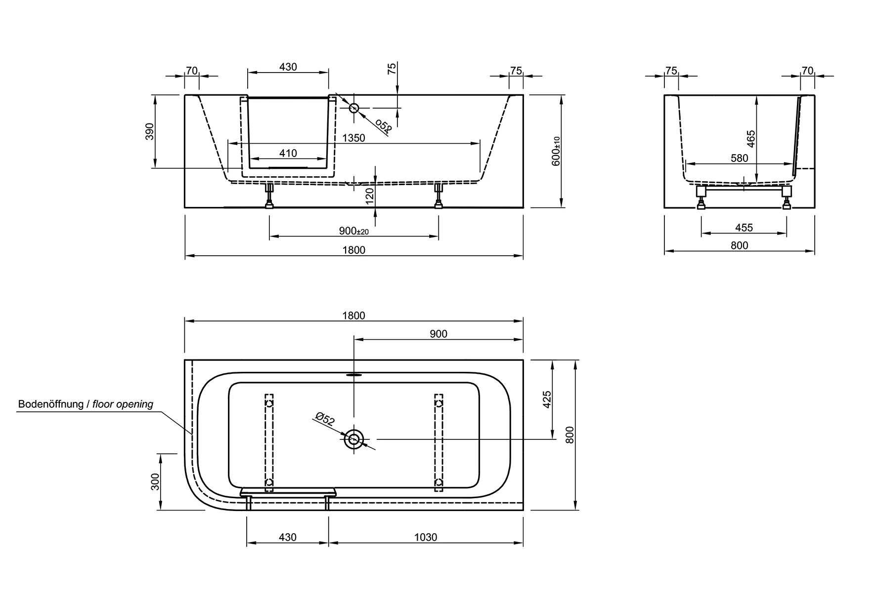 Ottofond Badewanne barrierefrei 180 x 80 cm mit Wassereinlauf links weiß