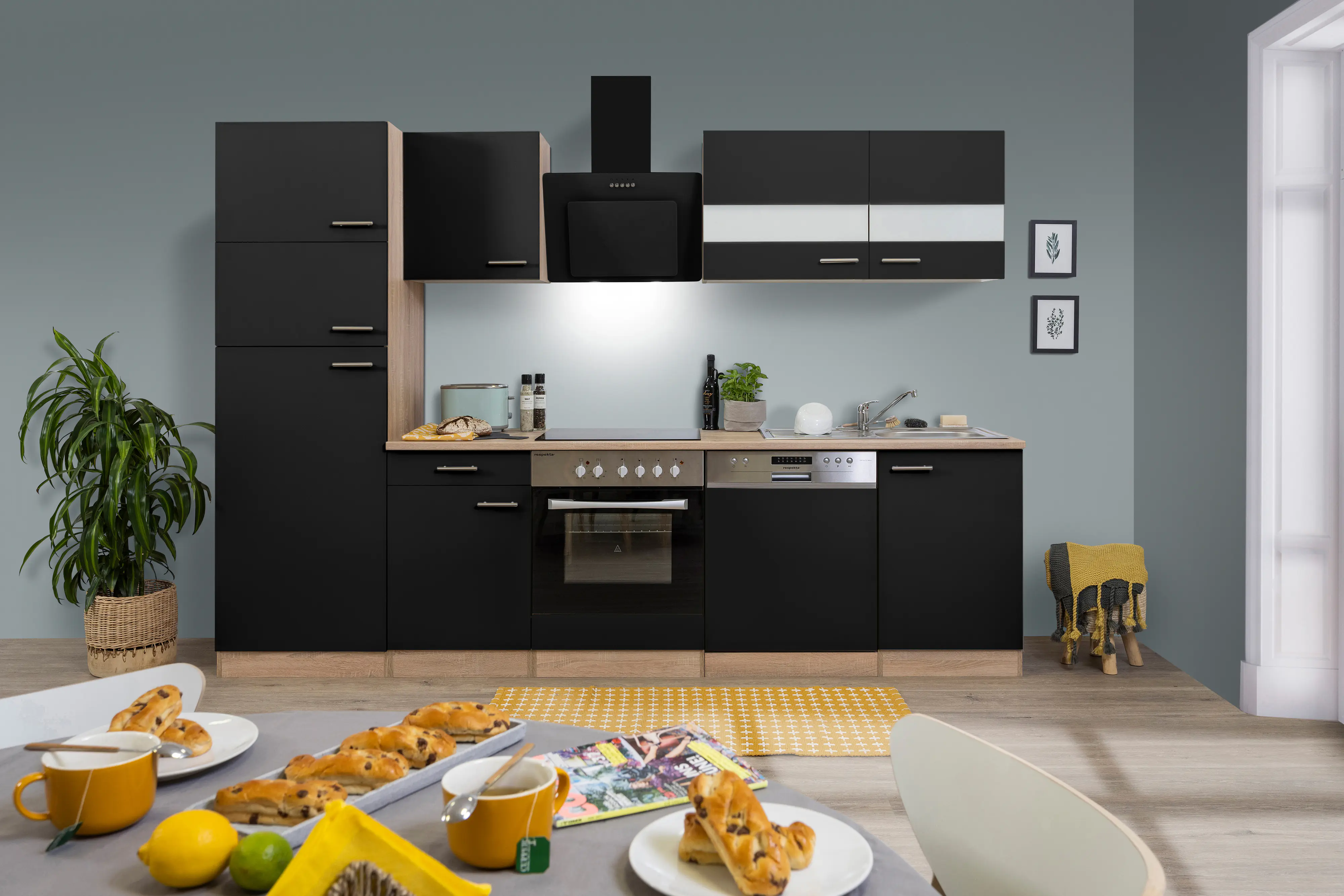Respekta Economy Küchenblock 280 cm schwarz, Eiche Sonoma, KB280ESSCGKE