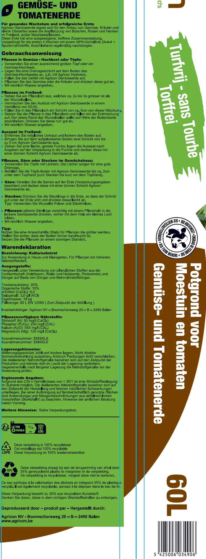 Agrcon Torffreie Gemüse- und Tomatenerde 60 L