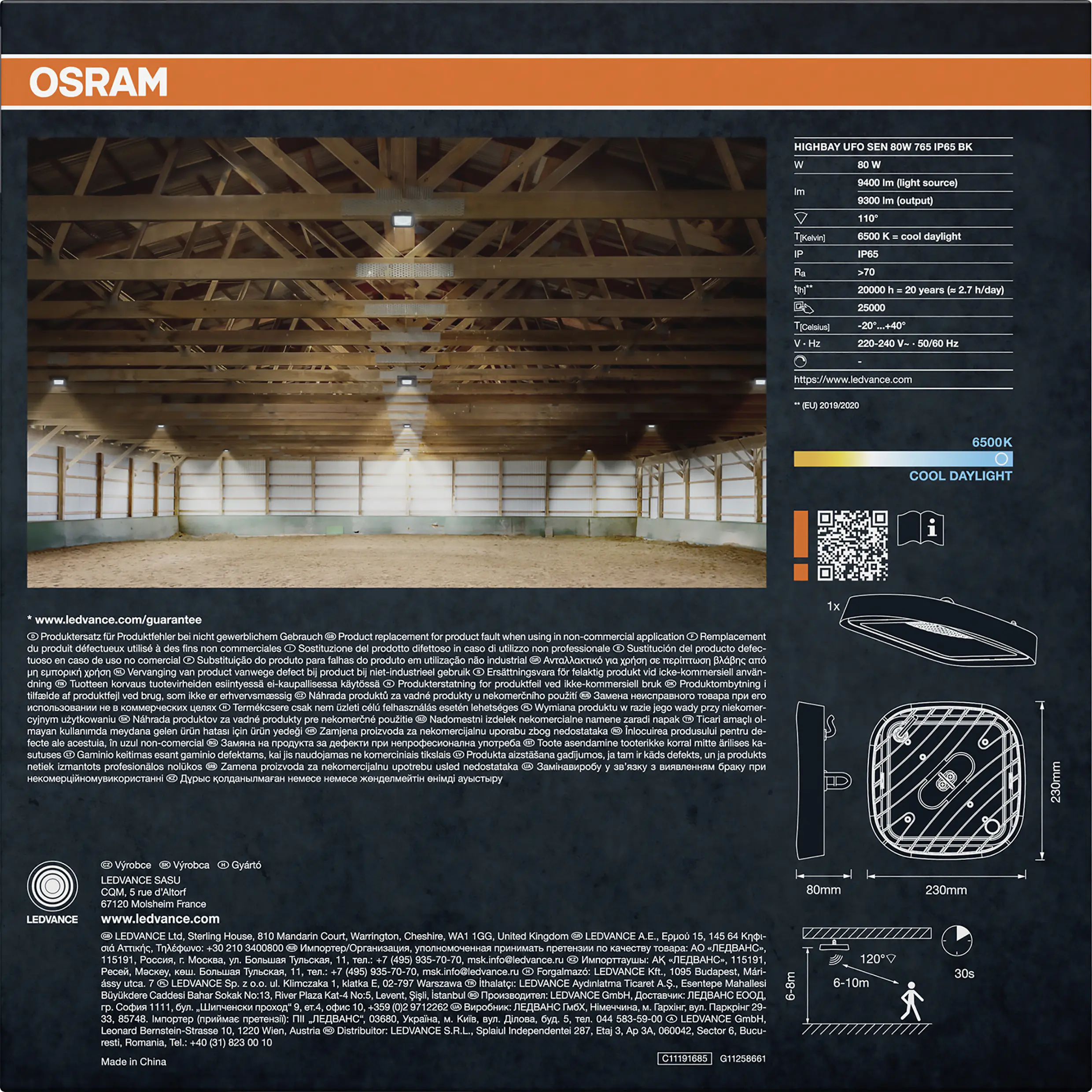 Osram LED-Deckenleuchte Highbay UFO Sensor IP65 80 W kaltweiß