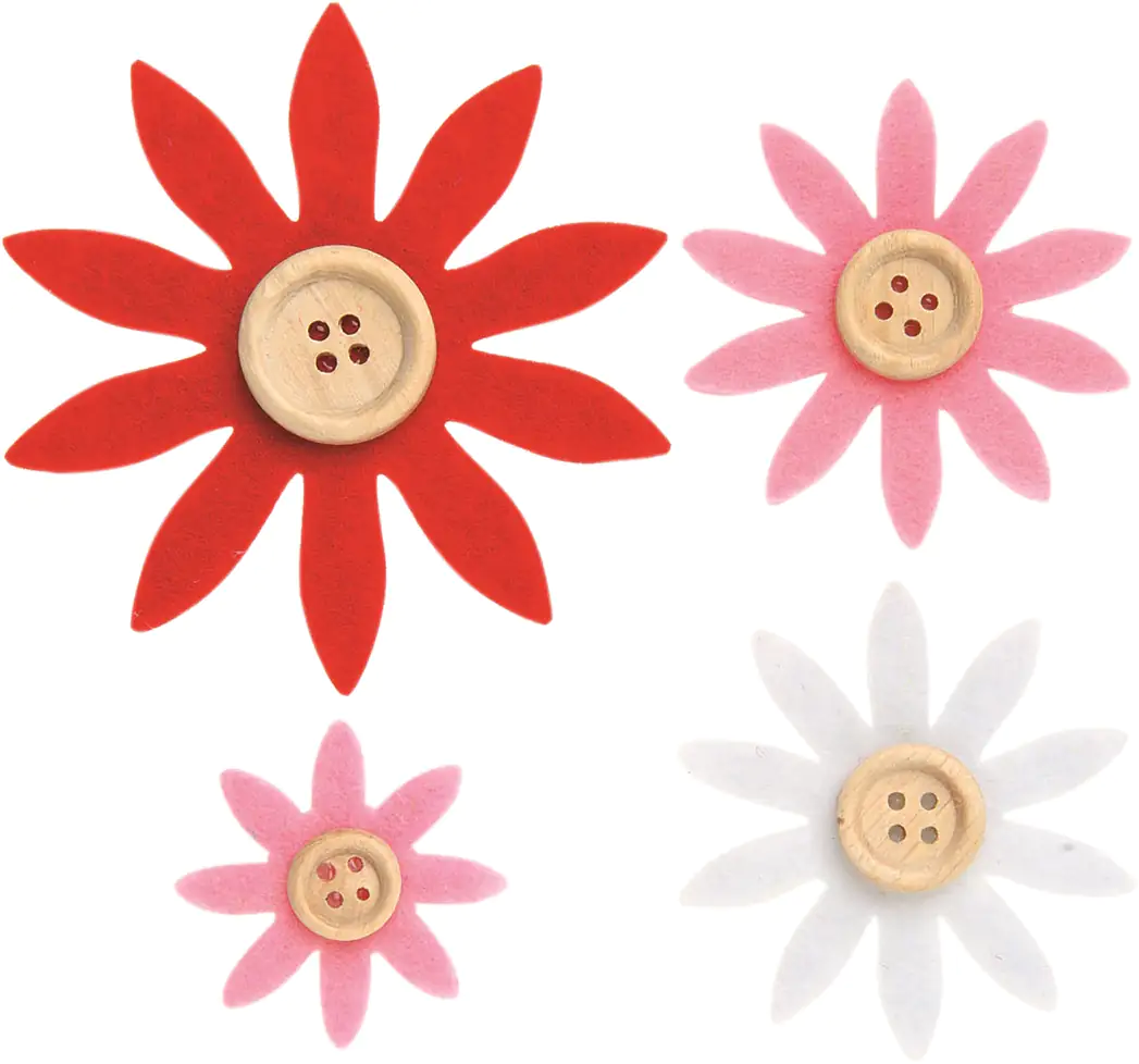 Glorex Filzblumen 12 Stück, 3,5 - 7 cm, rot, weiß, pink
