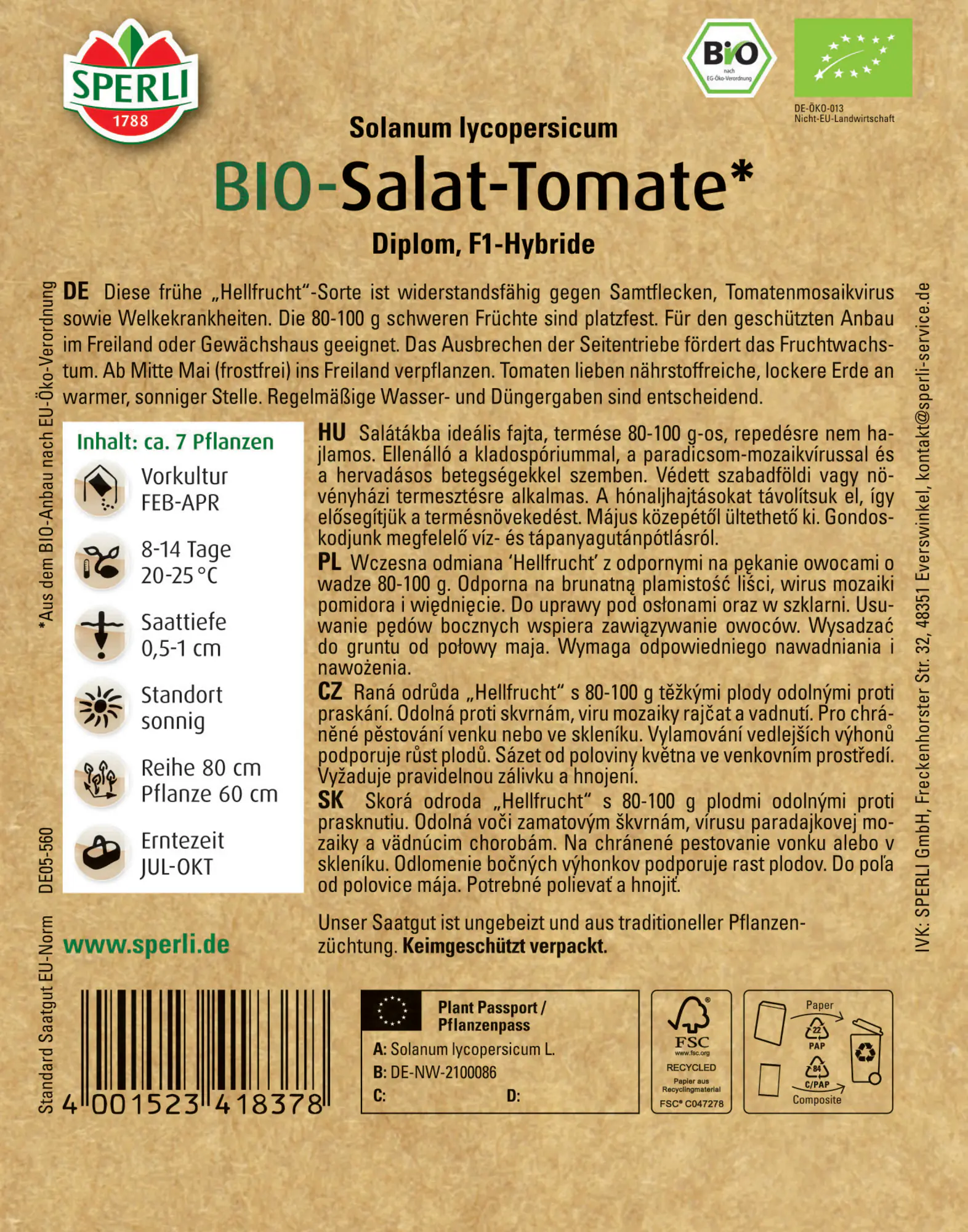 Sperli BIO Salat-Tomate Hellfrucht F1