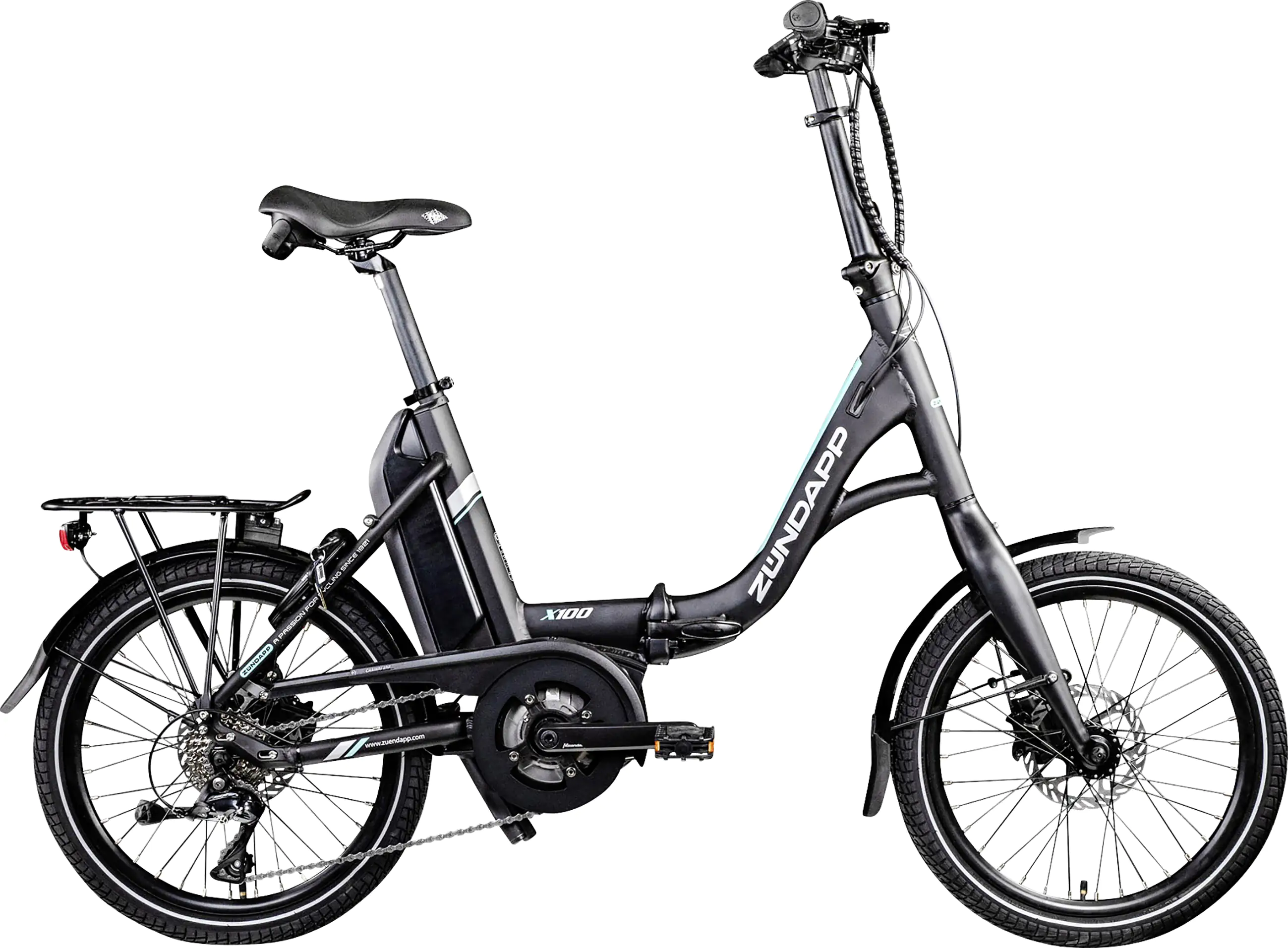 Zündapp E-Bike Faltrad X100 20 Zoll 9-Gang RH 45cm 400 Wh schwarz/türkis