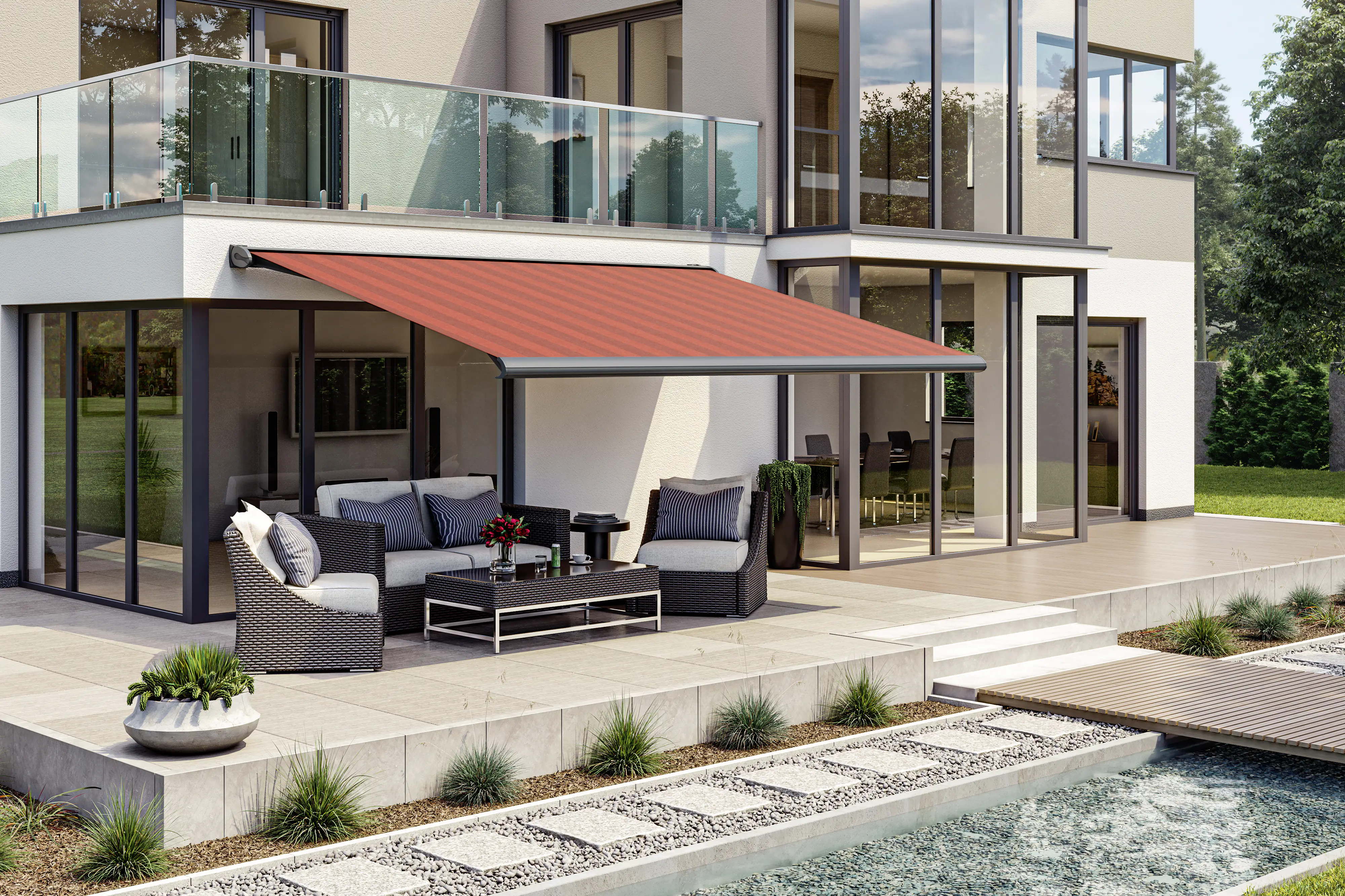 Kassettenmarkise S-Compact bordeaux gestreift inkl. Motor, Aufputzschalter Kassettenmarkise S-Compact bordeaux gestreift inkl. Motor, Aufputzschalter