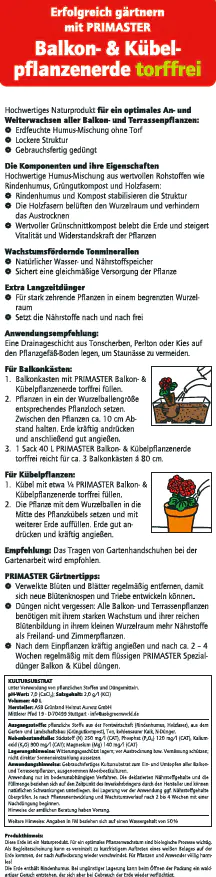 Primaster Balkon- & Kübelpflanzerde torffrei 40 L Primaster Balkon- & Kübelpflanzerde torffrei 40 L