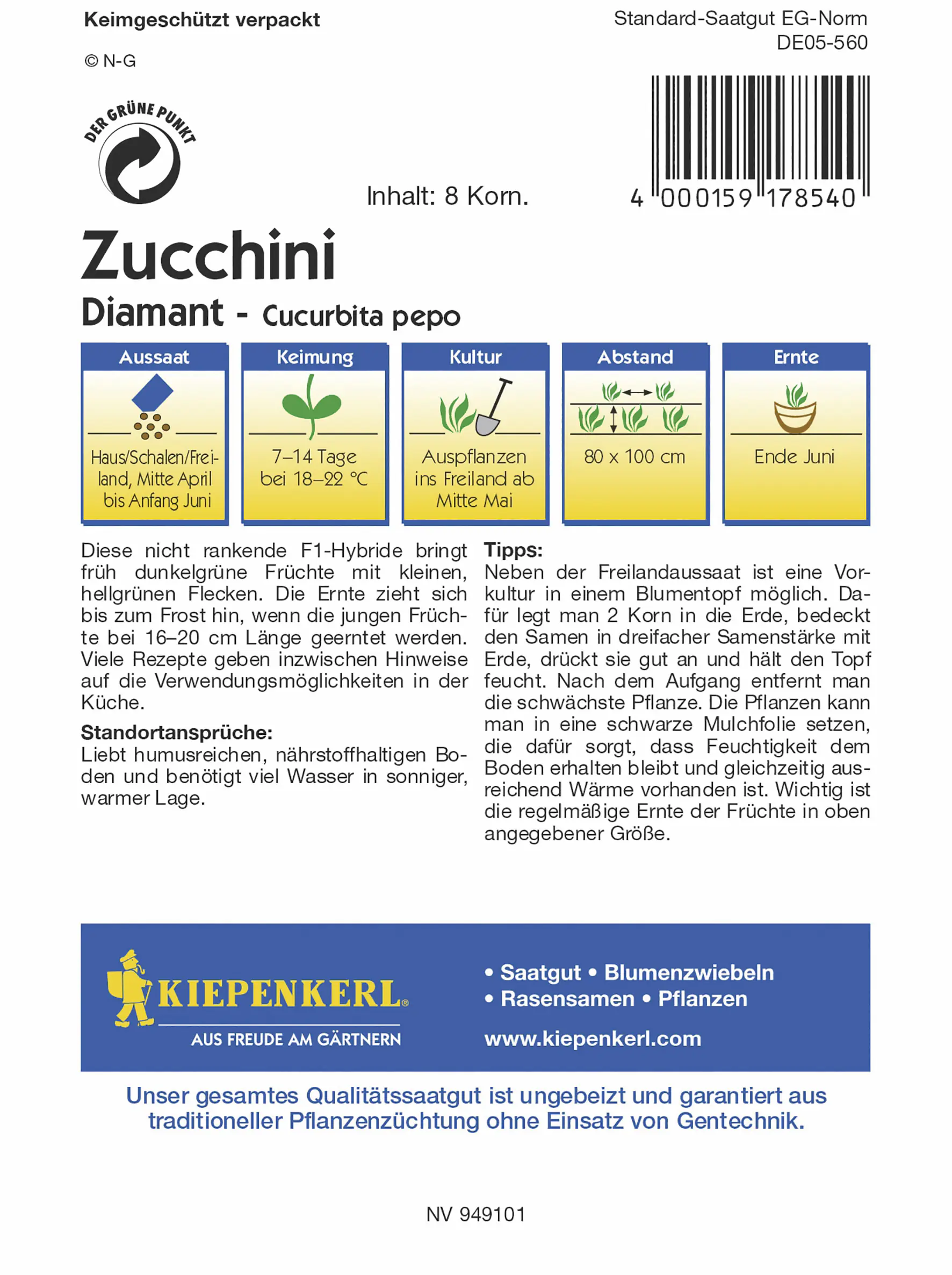 Kiepenkerl Zucchini Diamant F1 Inhalt reicht für 8 Korn