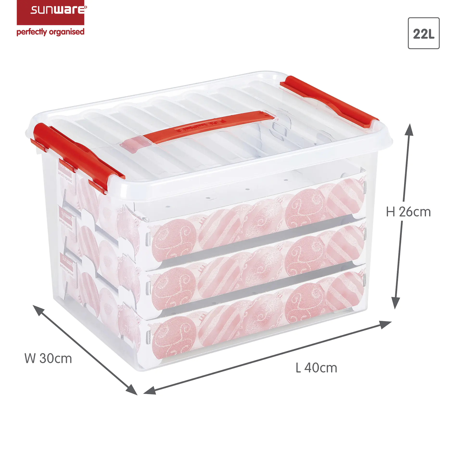 Sunware Weihnachtsbox Q-line 22L mit Einsatz für 60 Kugeln transparent rot