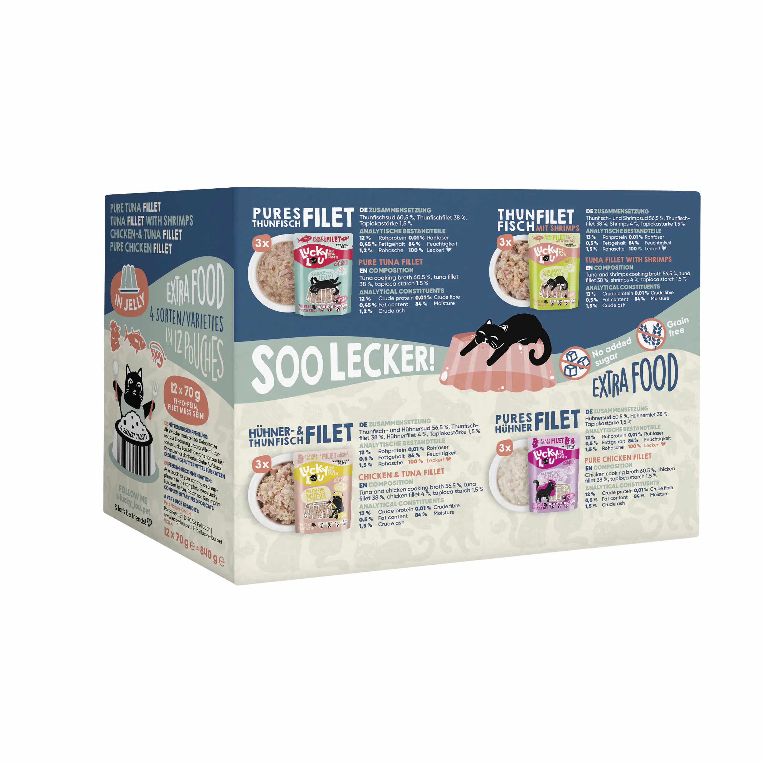 Lucky Lou Extrafood Katzennassfutter Adult getreidefrei 12 x 70 g Jelly-Mix-Box