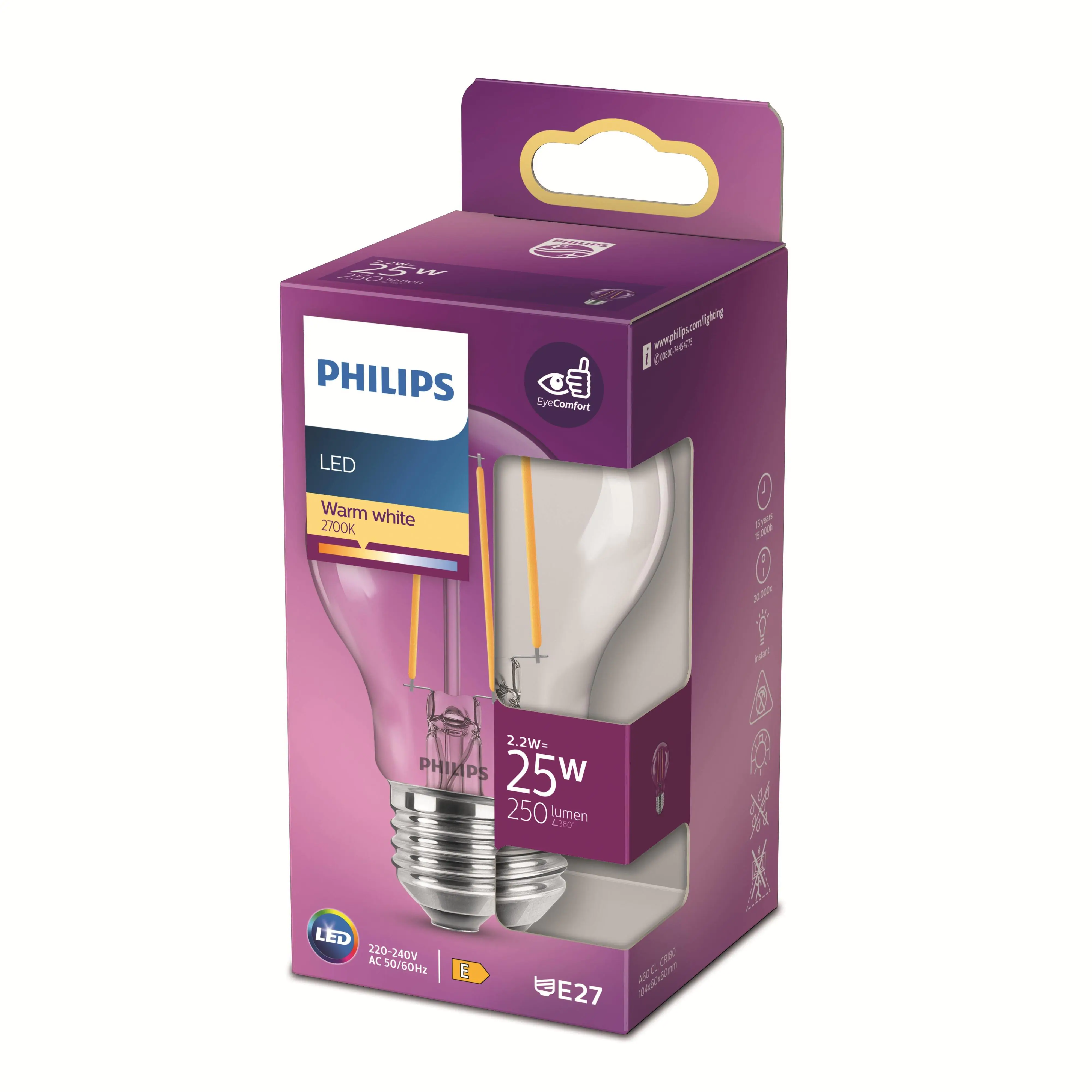 Philips LED-Leuchtmittel Birnenform A60 E27 2,2W warmweiß