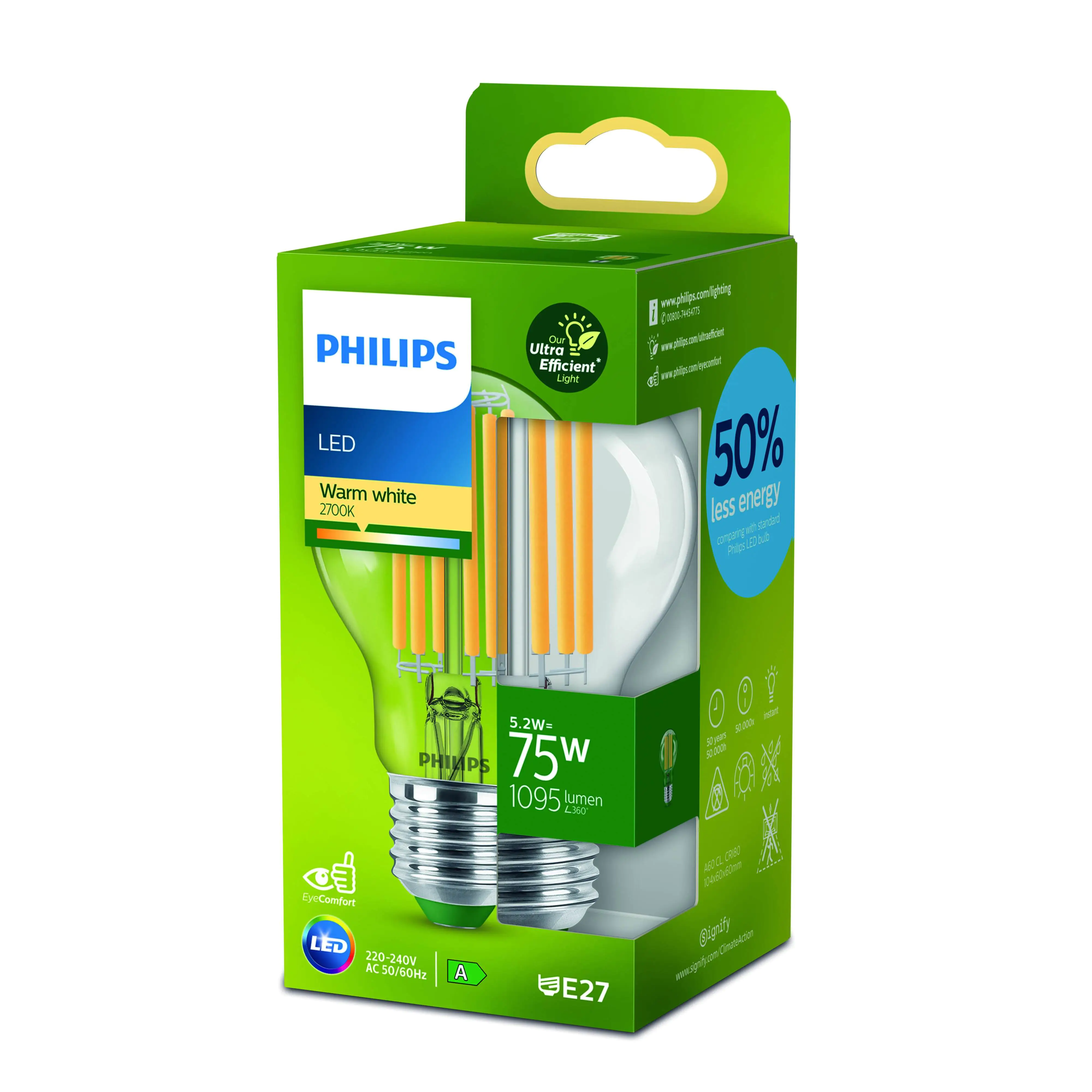 Philips LED-Leuchtmittel Birnenform A60 E27 5,2W warmweiß