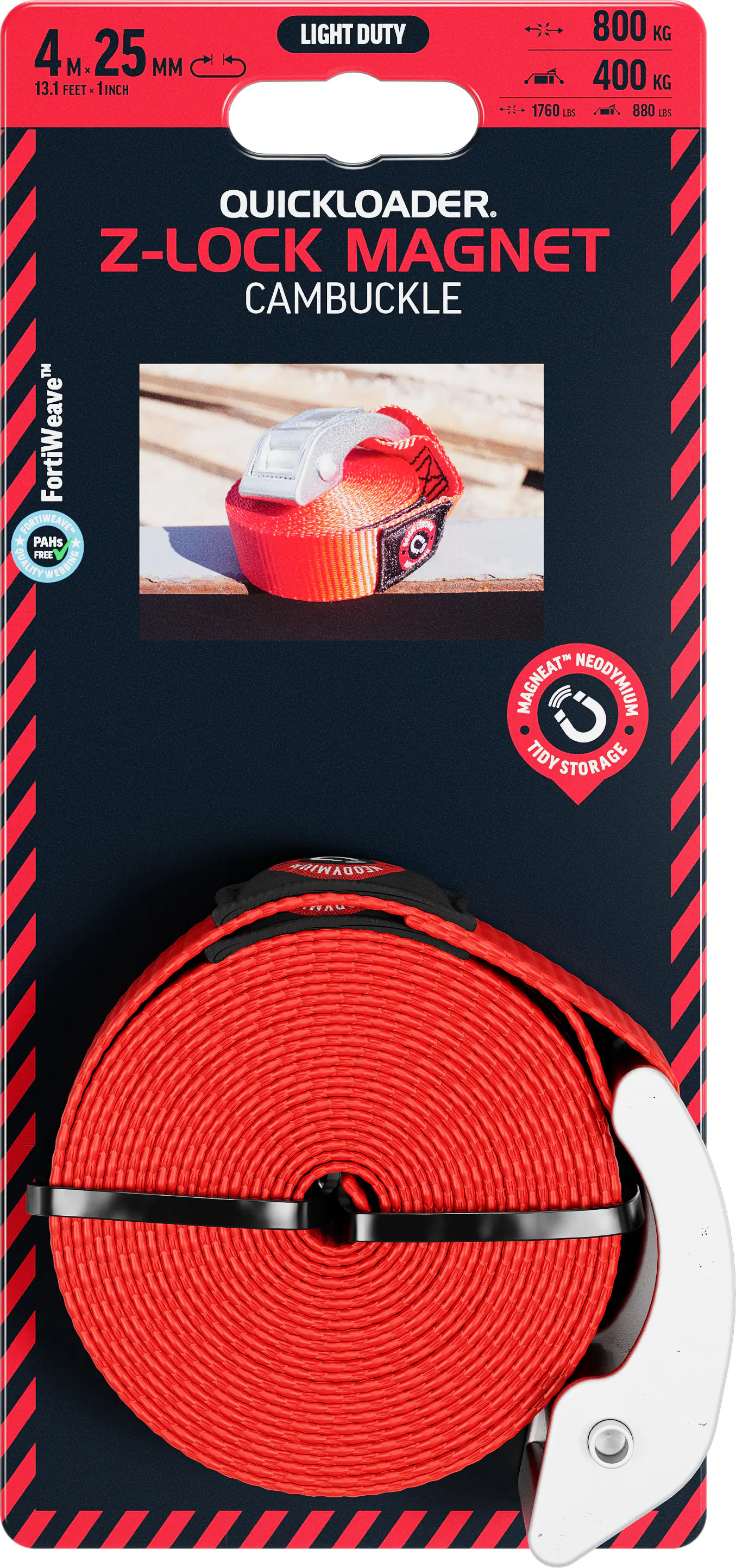 QUICKLOADER® Spanngurt Cambuckle mit Gurtklemme und Magnet 25 mm x 4 m 1 Stück rot