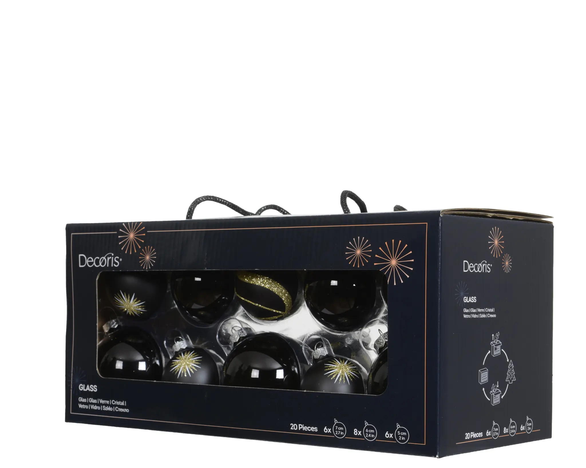 Decoris Weihnachtskugeln aus Glas Ø 5, 6, 7 cm schwarz 20 Stück