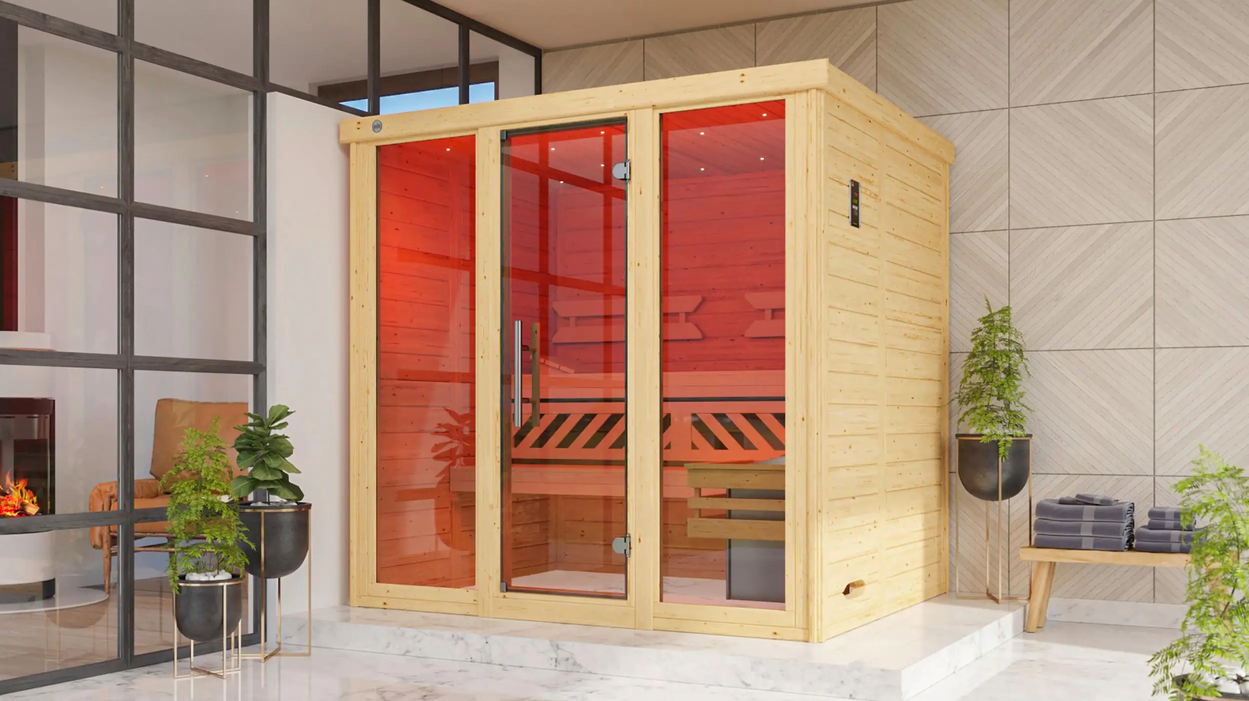 Weka Massivholz-Elementsauna Kemi Panorama 2 mit Glastür, 2 Fenstern und Saunaofen Weka Massivholz-Elementsauna Kemi Panorama 2 mit Glastür, 2 Fenstern und Saunaofen