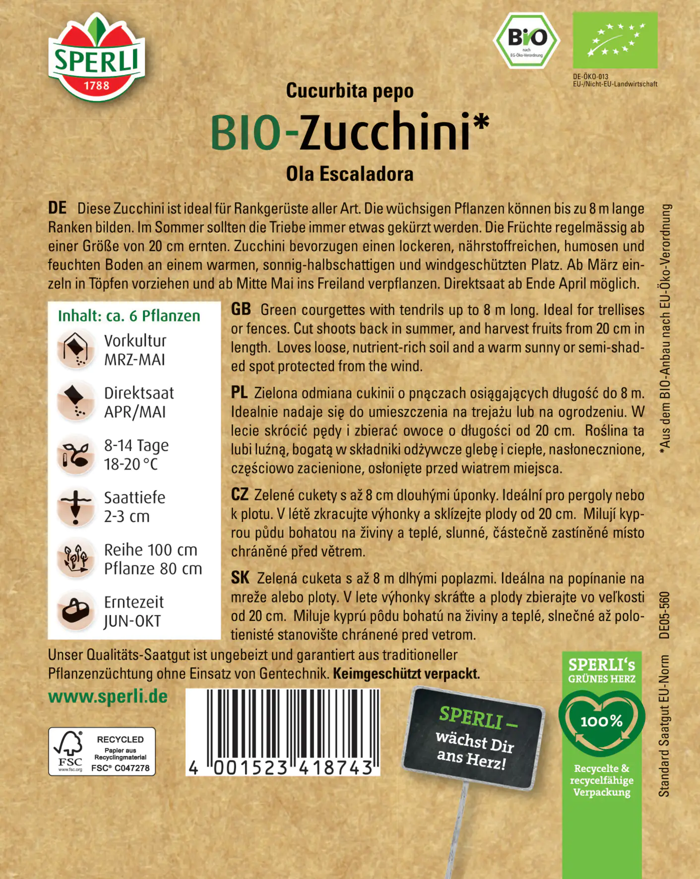 Sperli BIO Kletterzucchini Ola Escaladora