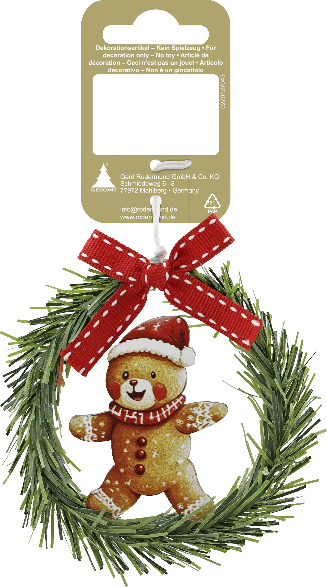 Weihnachtsanhänger Kranz aus Kunststoff mit Bär Ø 9 cm grün/braun/rot