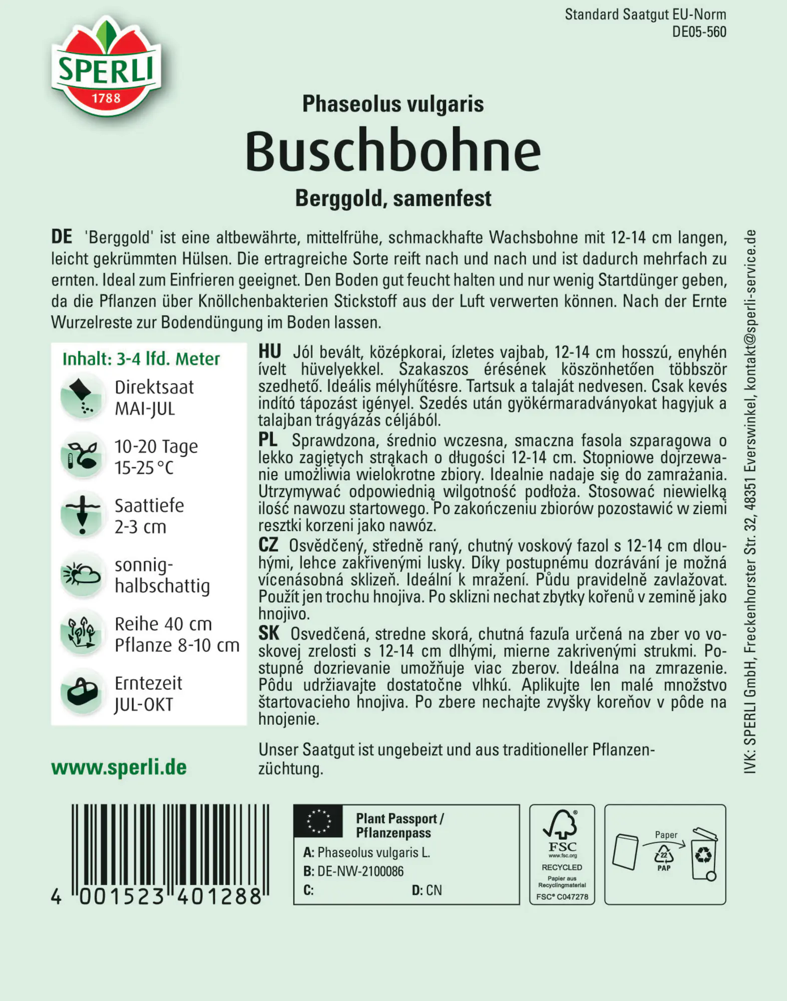 Sperli Buschbohne Berggold