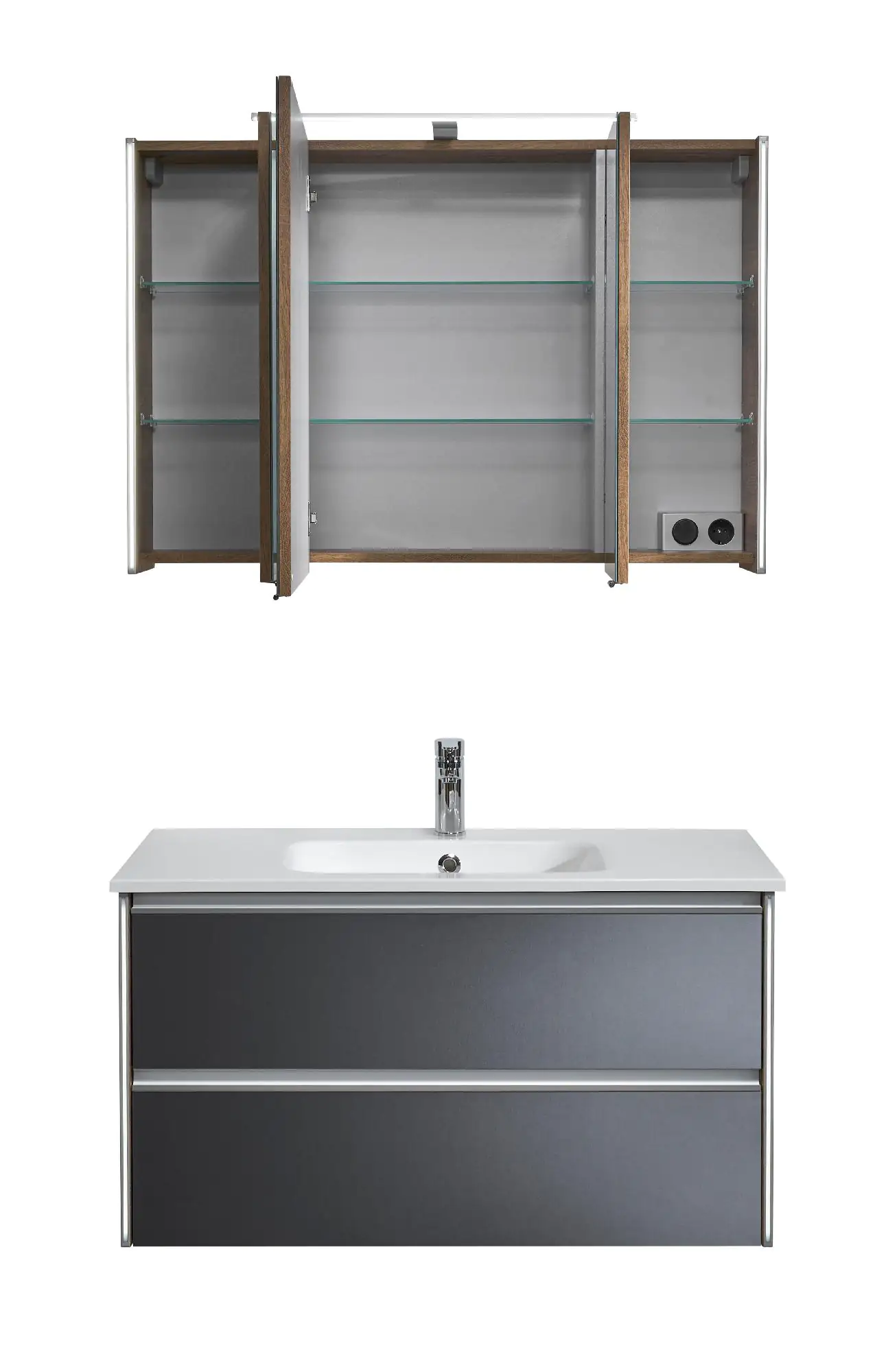 Pelipal Badmöbel-Set 6040 Stahlgrau/Eiche Ribbeck mit Mineralmarmor-Waschtisch + LED-Profil 103 cm