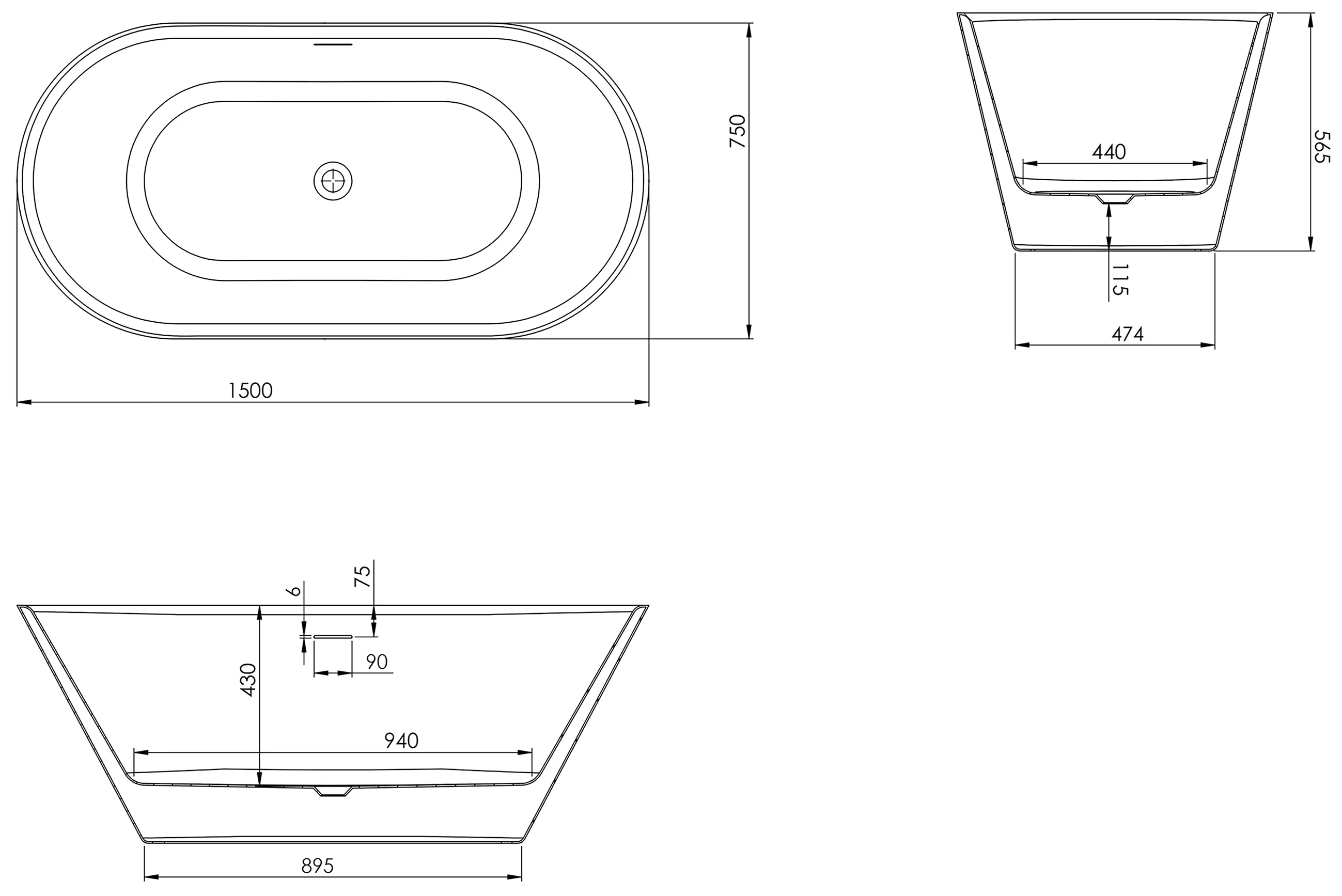 Ottofond Freistehende Badewanne Eko 150x75x43 cm weiß