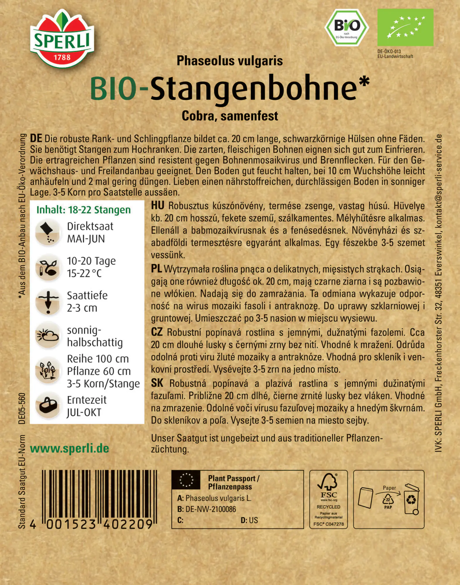 Sperli BIO Stangenbohne