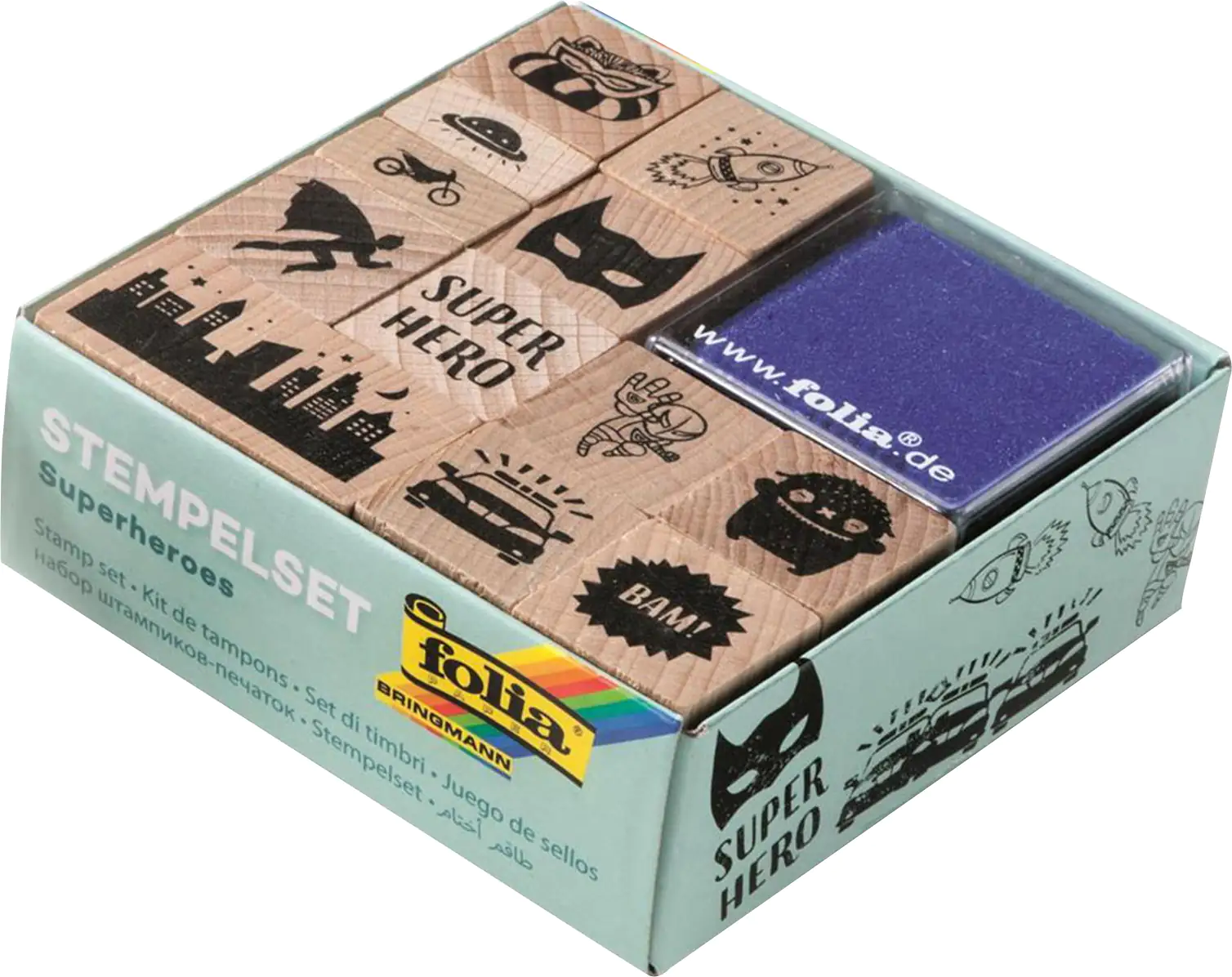Glorex Holzstempel-Set Superheros 12 Stempel + 2 Kissen