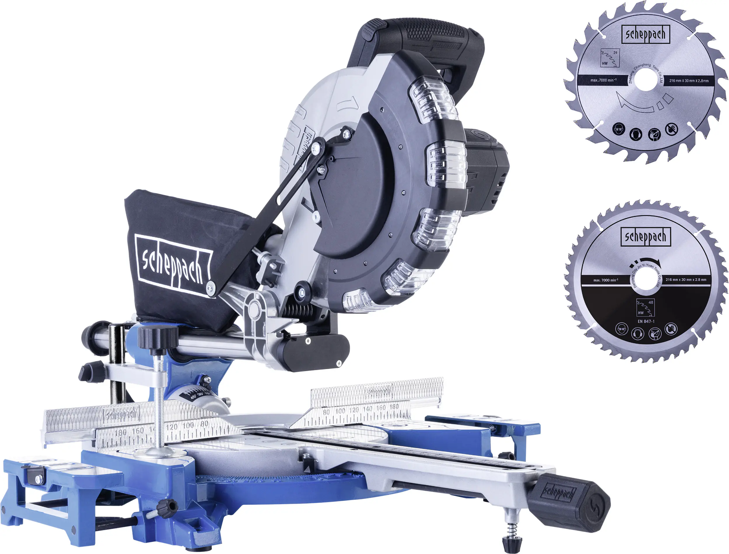 Scheppach Kappzugsäge HM216SPX mit LED-Schattenlicht & 2x Sägeblätter 2000 W