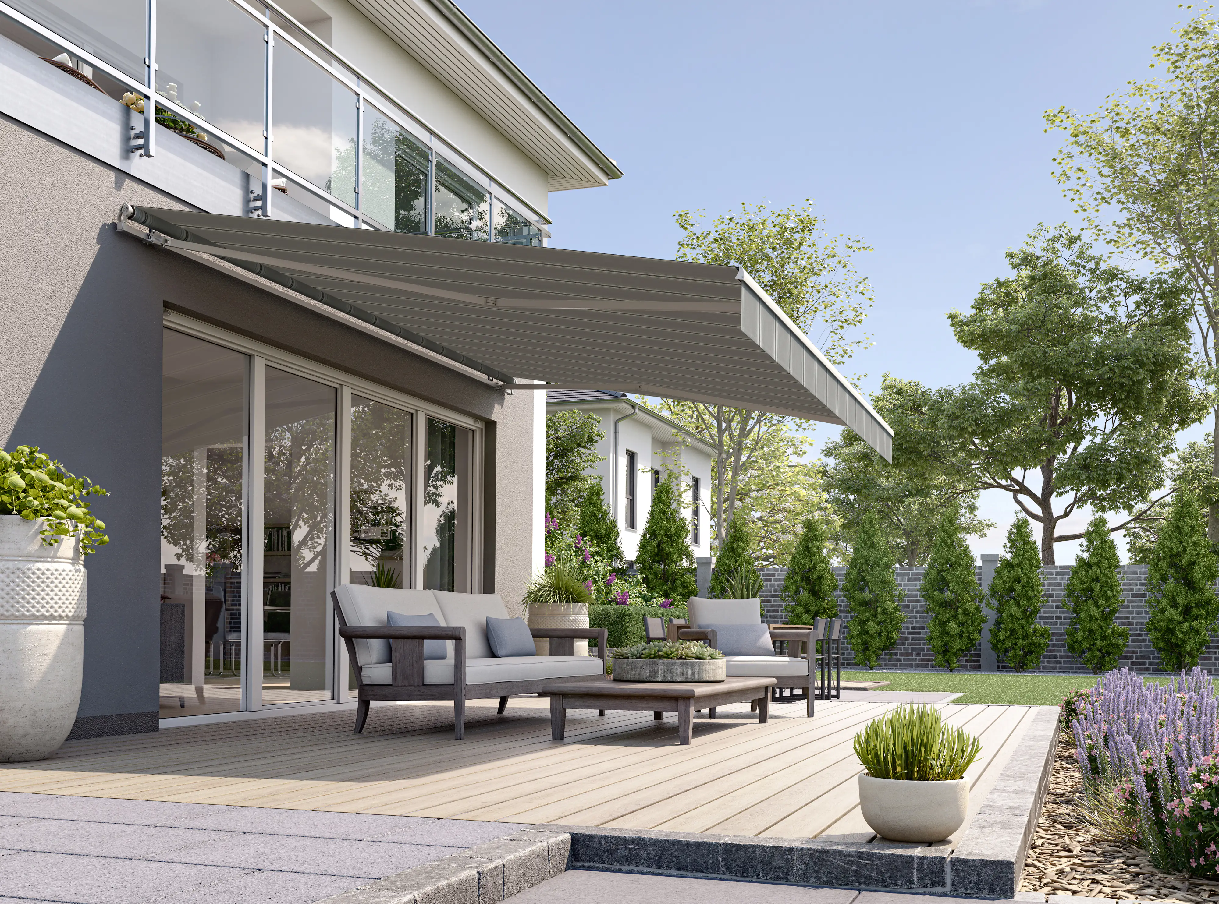 Gelenkarmmarkise Classic grau-schwarz gestreift inkl. Motor, Handsender, Solar Panel