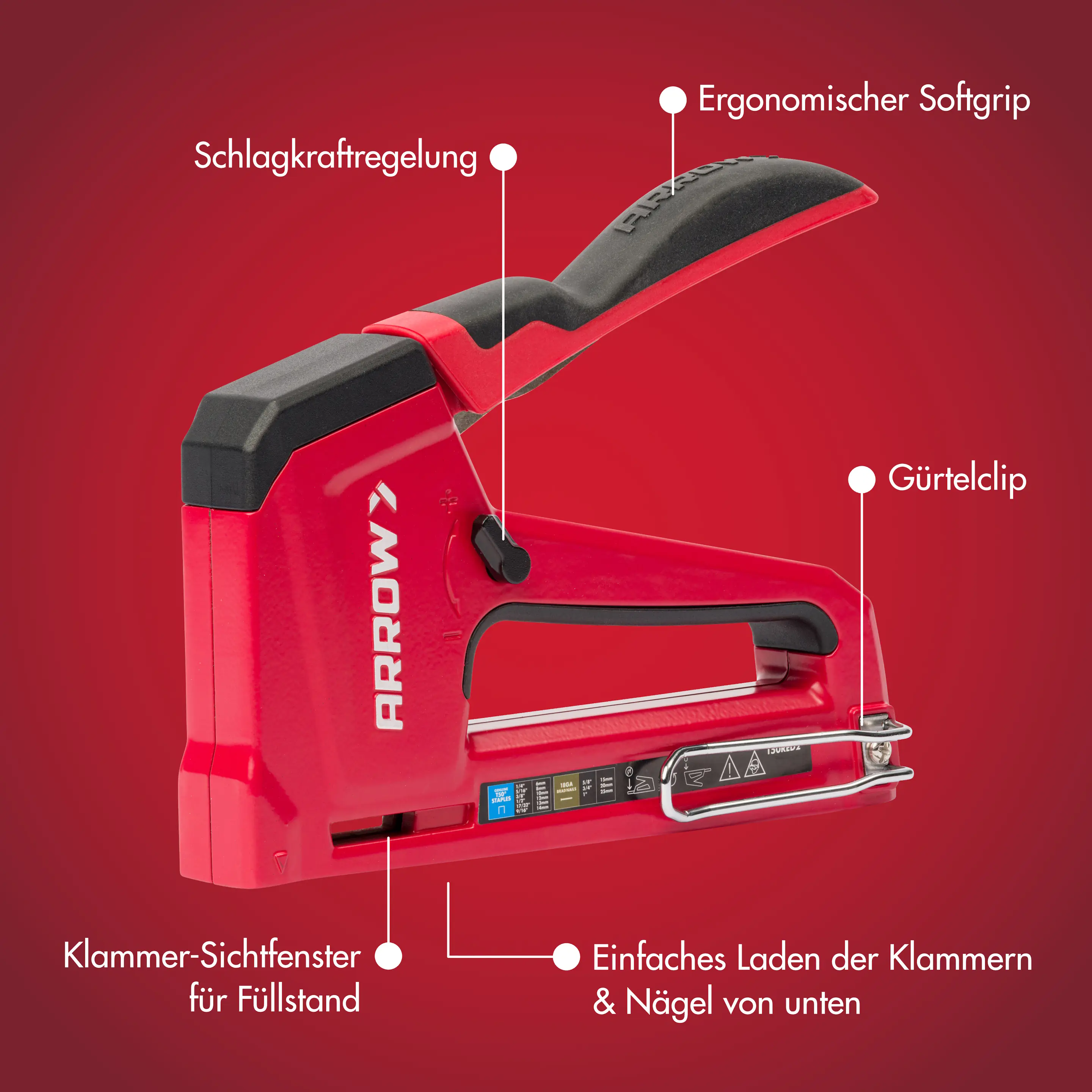 Arrow Handtacker T50 RED2 Profi für Flachdrahtklammern & Nägel