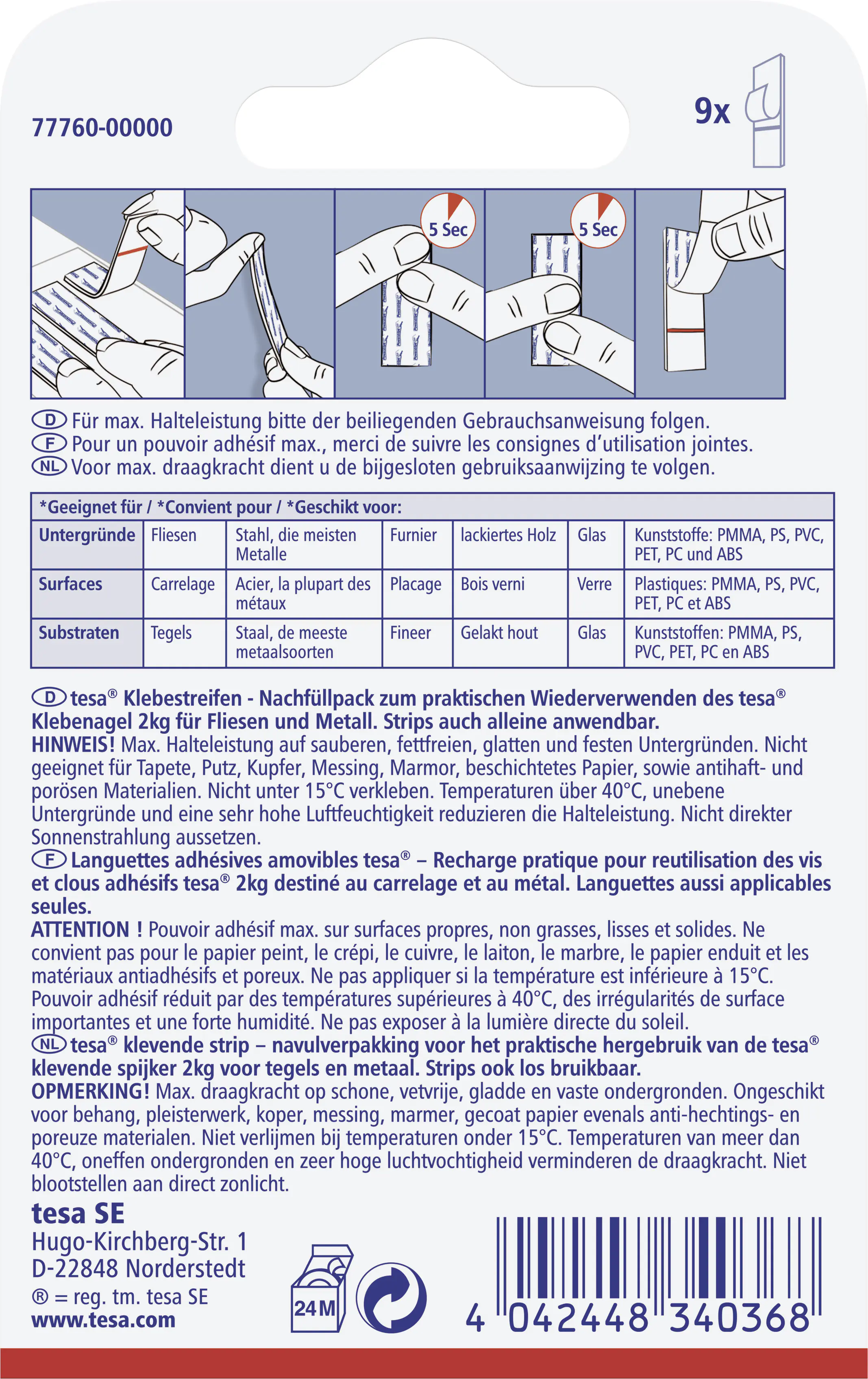 tesa Klebestreifen für Fliesen und Metall 9 Stück, Traglast 2 kg