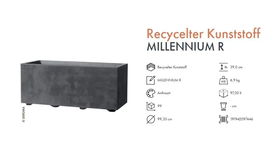 Deroma Pflanzkasten Millennium Kunststoff 99 cm Anthrazit mit Ablauflöchern