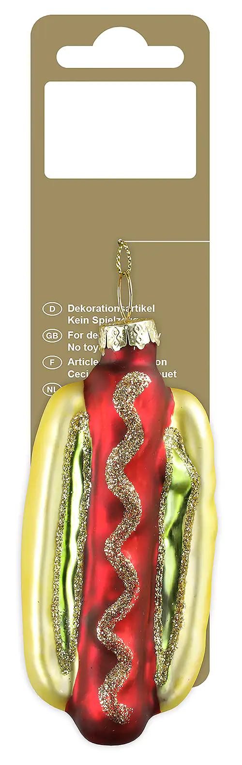 Weihnachtsanhänger Hotdog aus Glas gold/rot 4,5x 9,7 x 3 cm Weihnachtsanhänger Hotdog aus Glas gold/rot 4,5x 9,7 x 3 cm