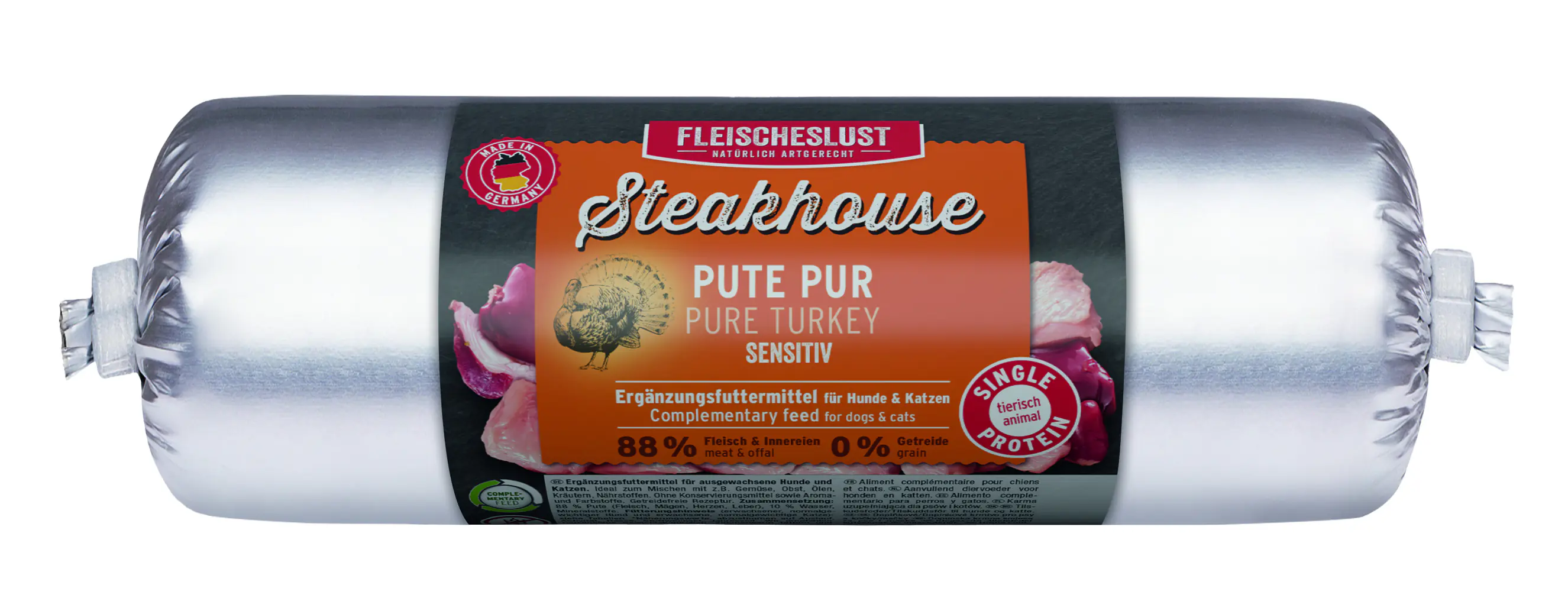 Fleischeslust Steakhouse Nassfutter für Hunde & Katzen Adult Sensitive getreidefrei 500 g Pute pur