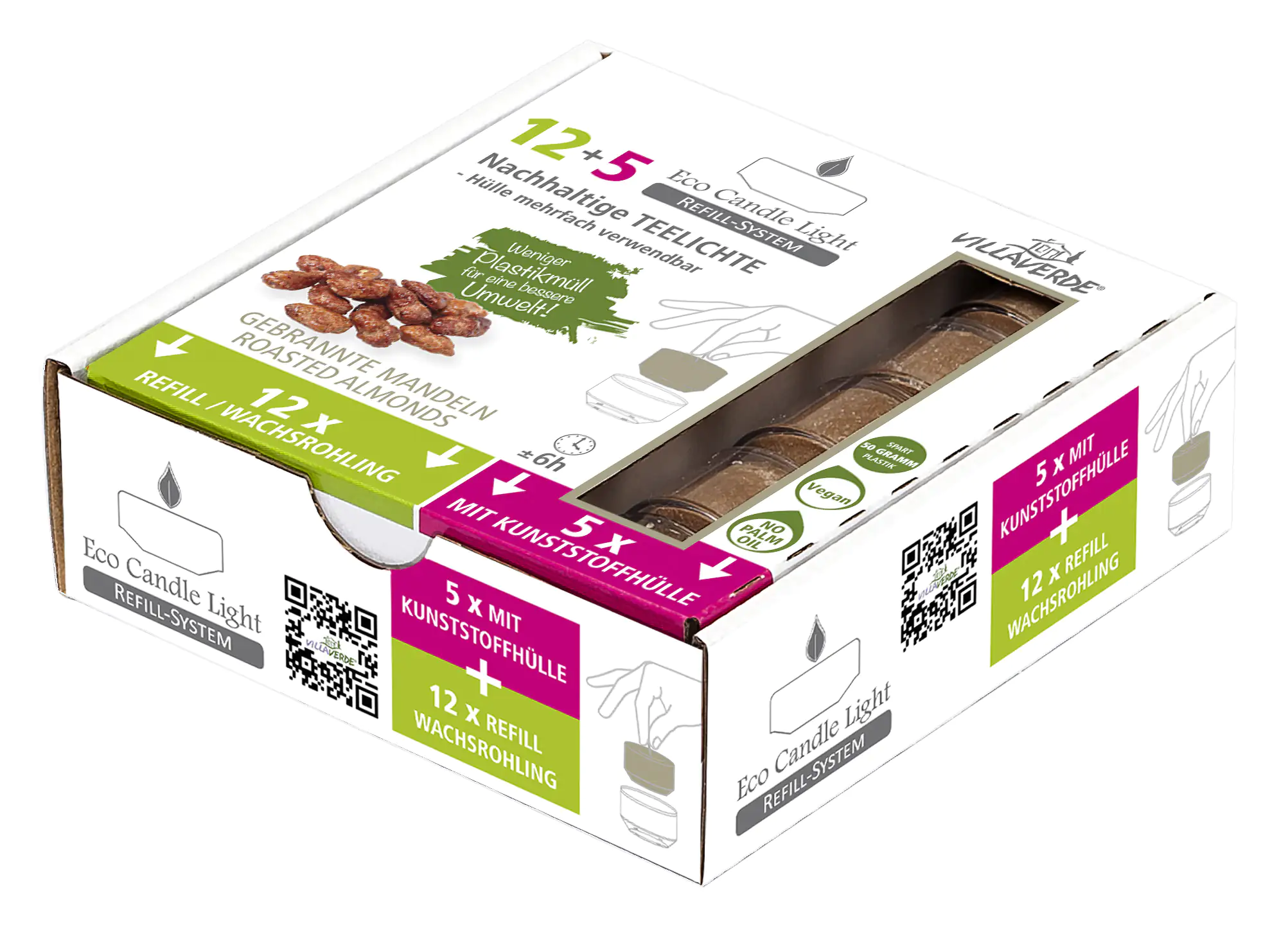 Villa Verde Duftteelichter ECL refill gebr. Mandeln (5x m.Hülle+ 12x refill)
