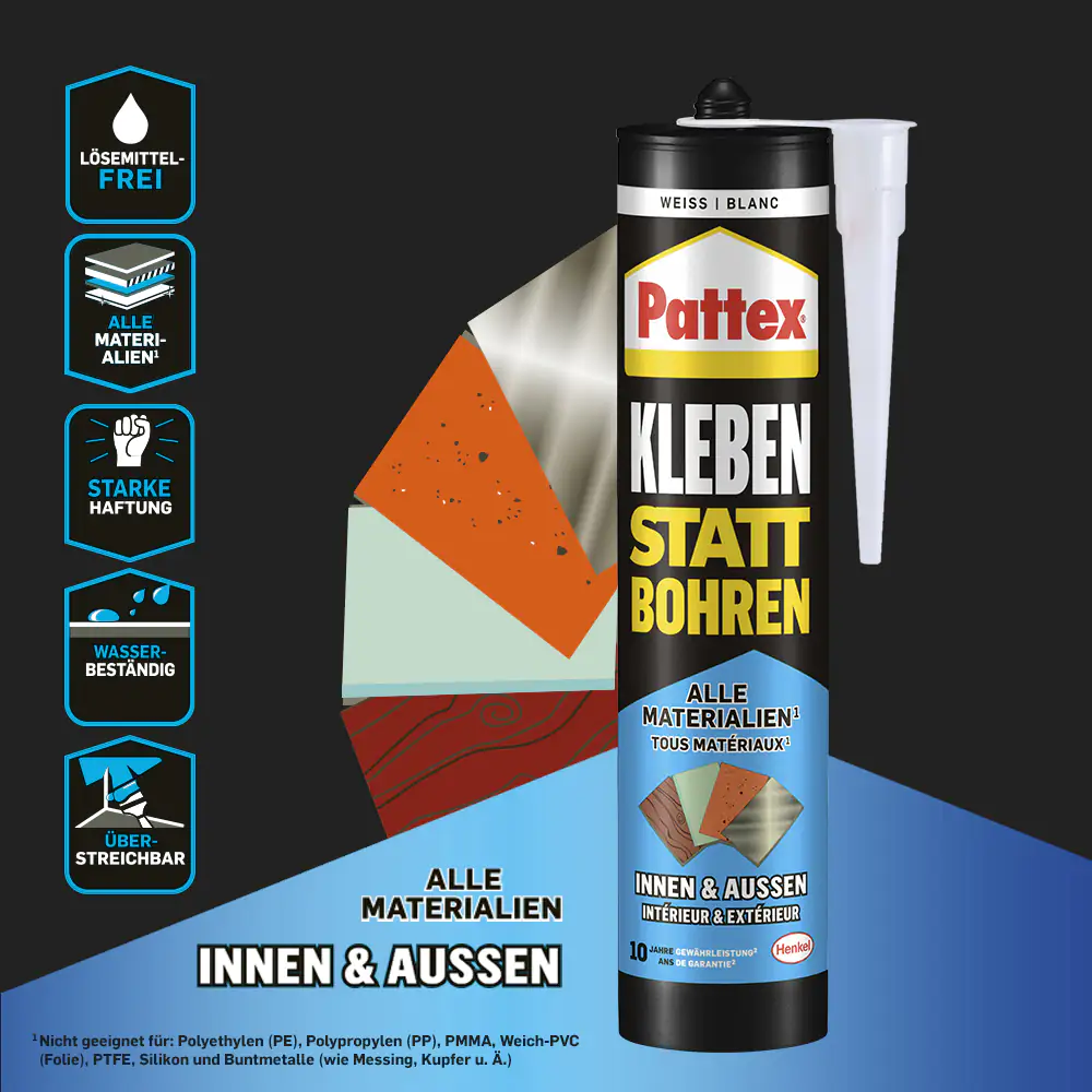 Pattex Montagekleber Kleben statt Bohren Innen & Außen 450 g Kartusche, weiß Pattex Montagekleber Kleben statt Bohren Innen & Außen 450 g Kartusche, weiß