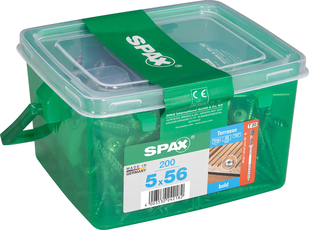 Spax Terrassenschrauben 5.0 x 56 mm TX 20 - 200 Stk. Spax Terrassenschrauben 5.0 x 56 mm TX 20 - 200 Stk.