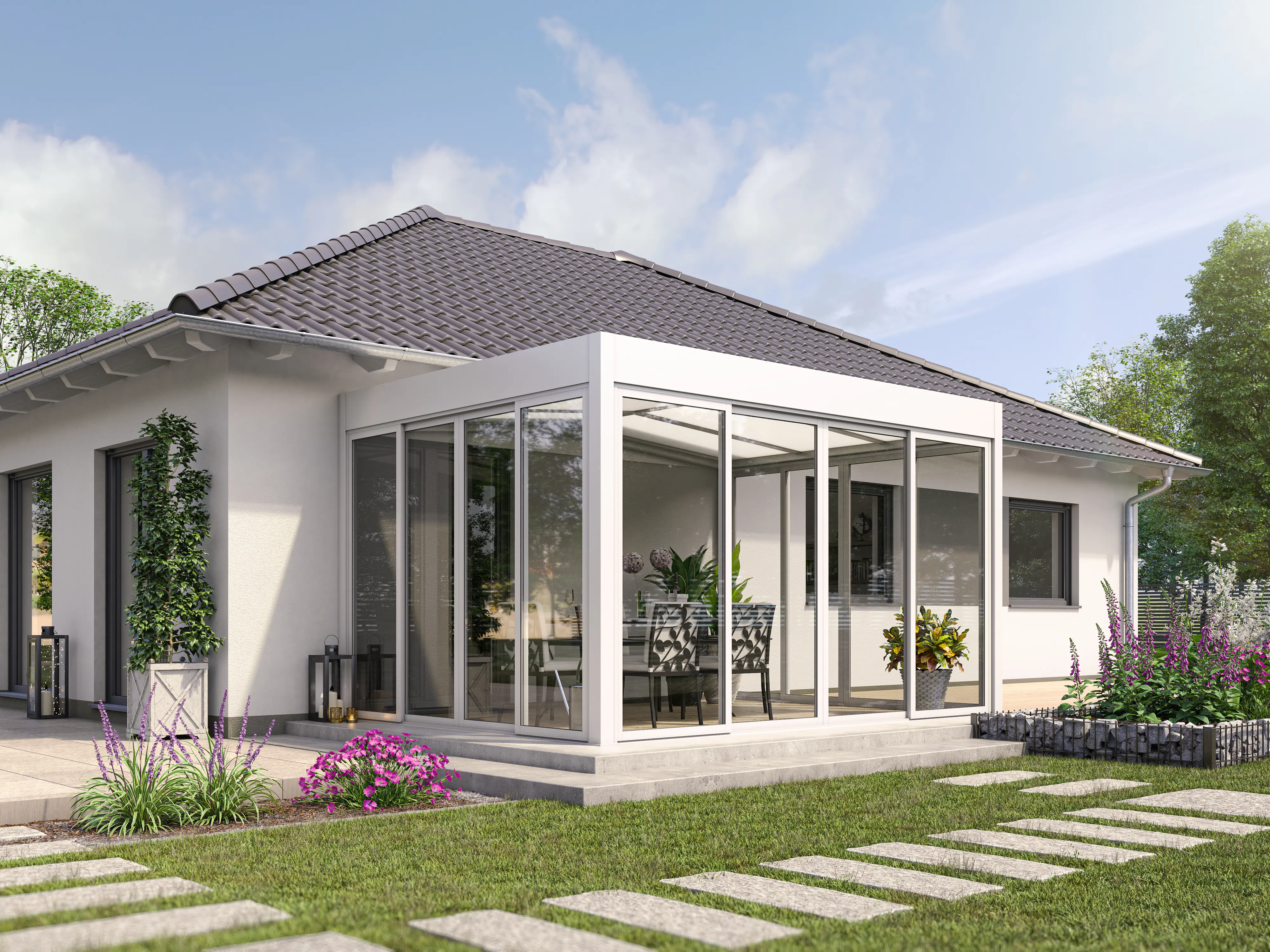 Wintergarten Modern 400 x 300 cm mit Glasschiebetüren weiß