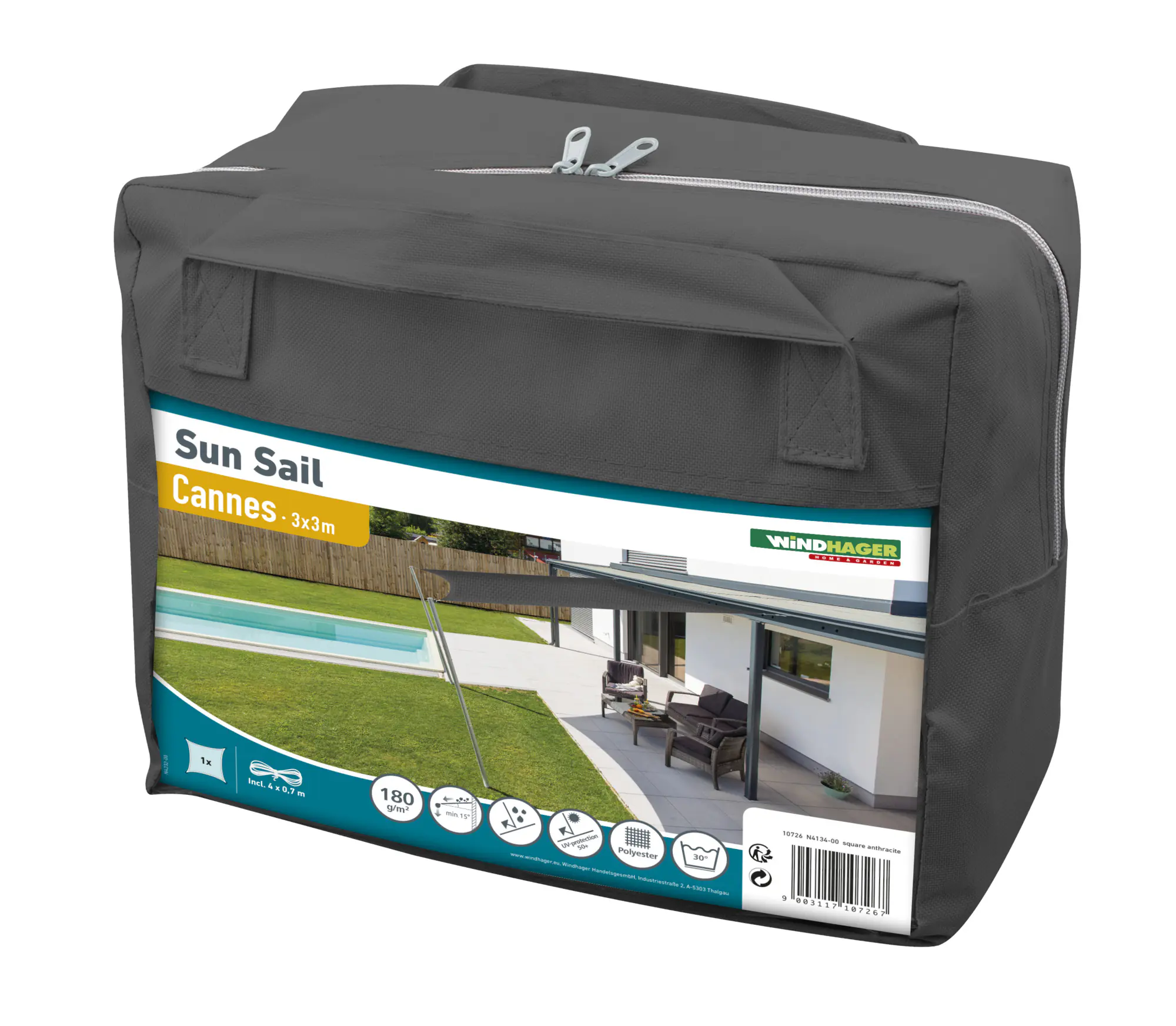 Windhager Sonnensegel Cannes anthrazit 3 x 3 m