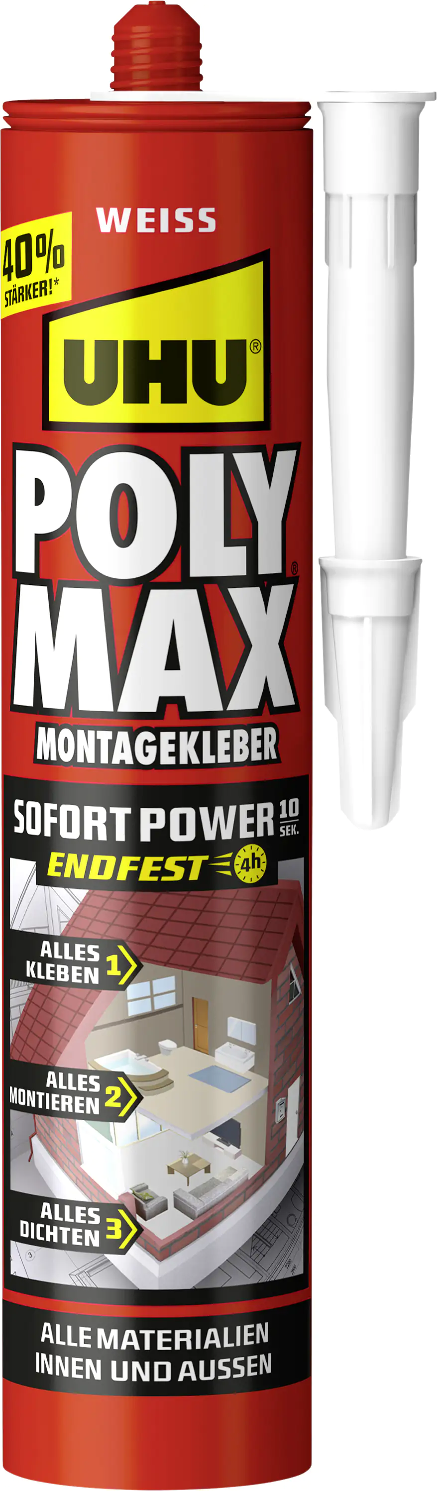 4026700472301 UHU Poly Max Montagkleber Sofort Power 425g 10 Sekunden, weiß, Kartusche, 425g