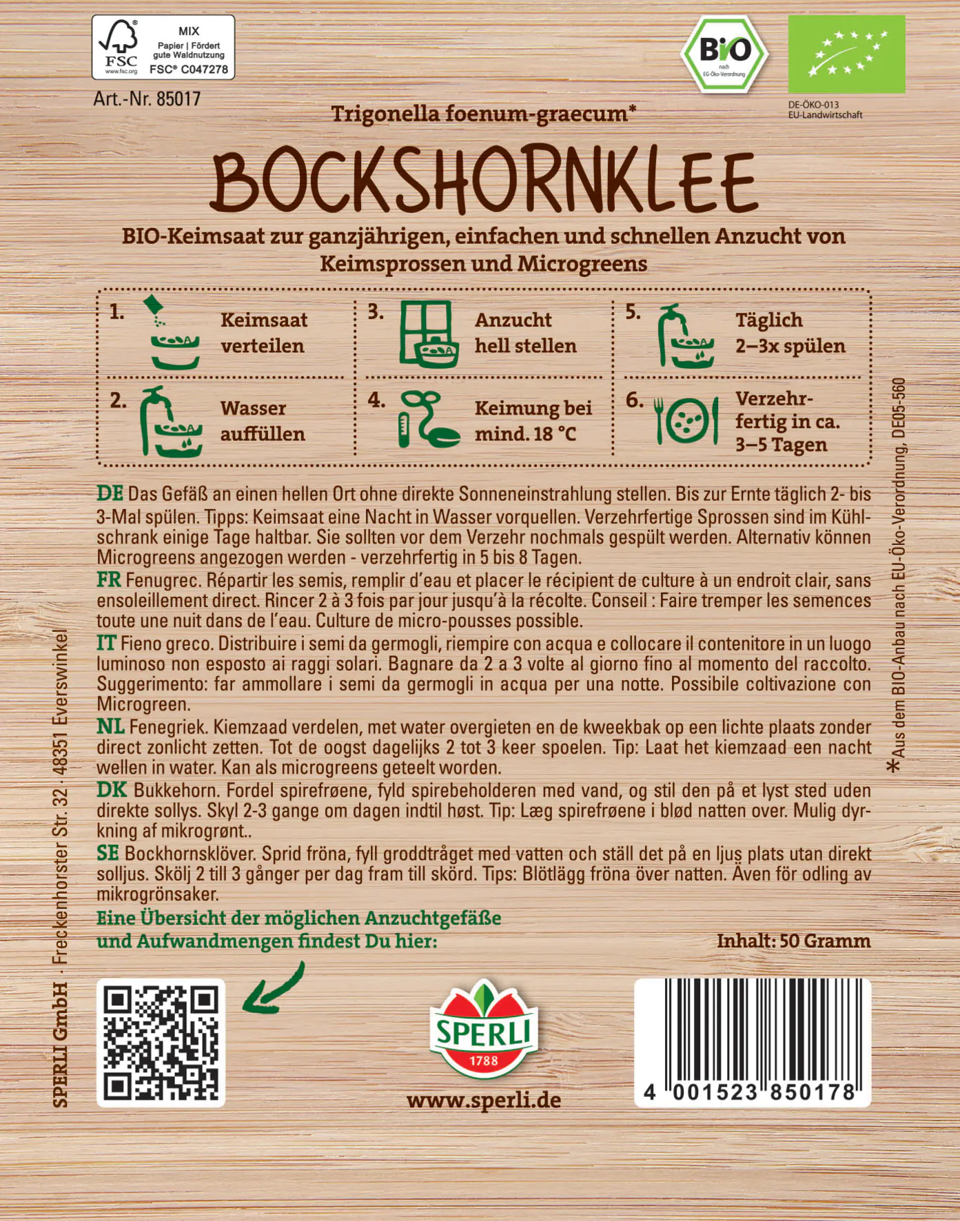 Sperli BIO Keimsprossen-Saat Bockshornklee