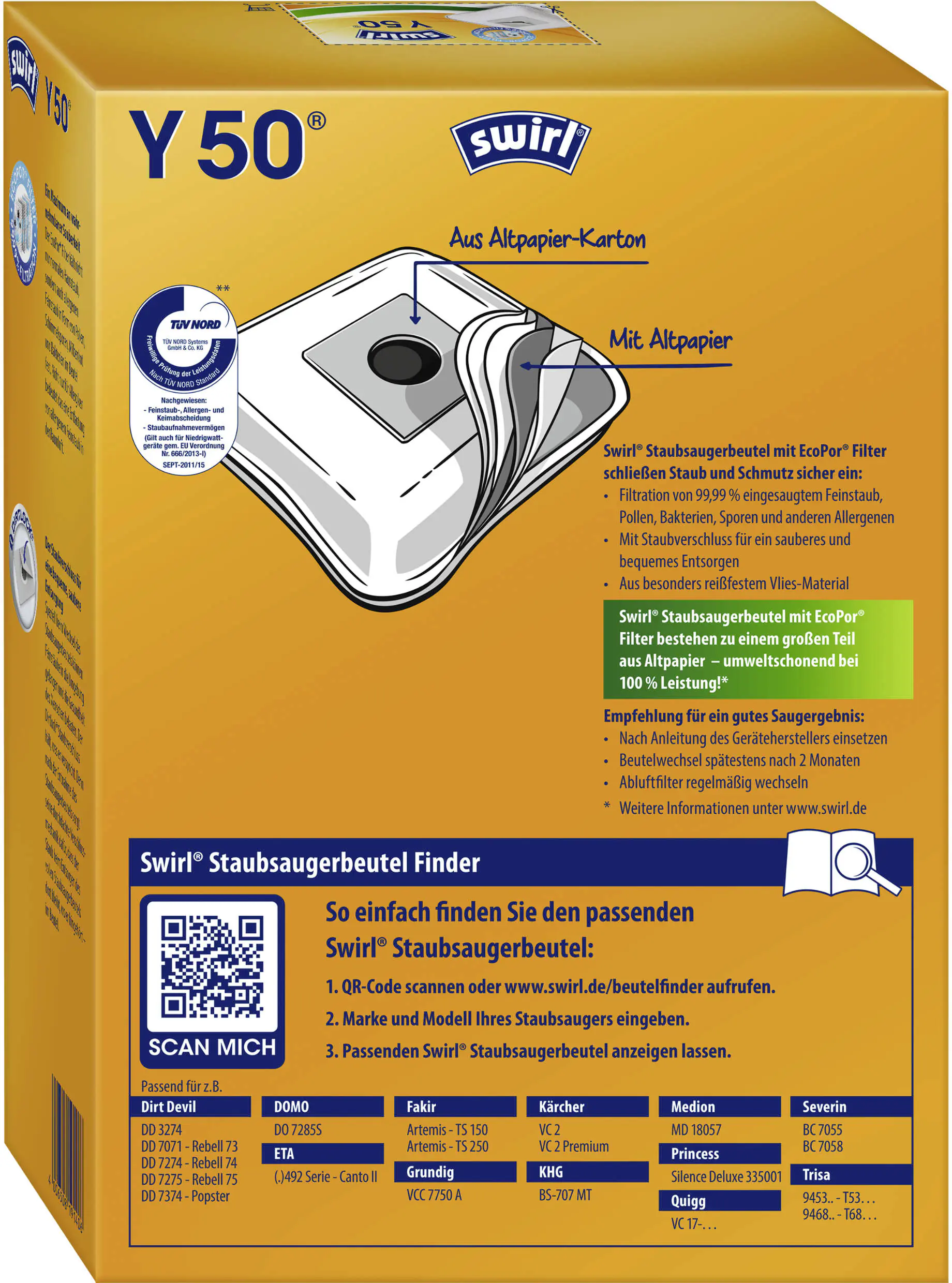 Swirl Y 50 EcoPor Staubsaugerbeutel 4 Staubbeutel + 1 Filter