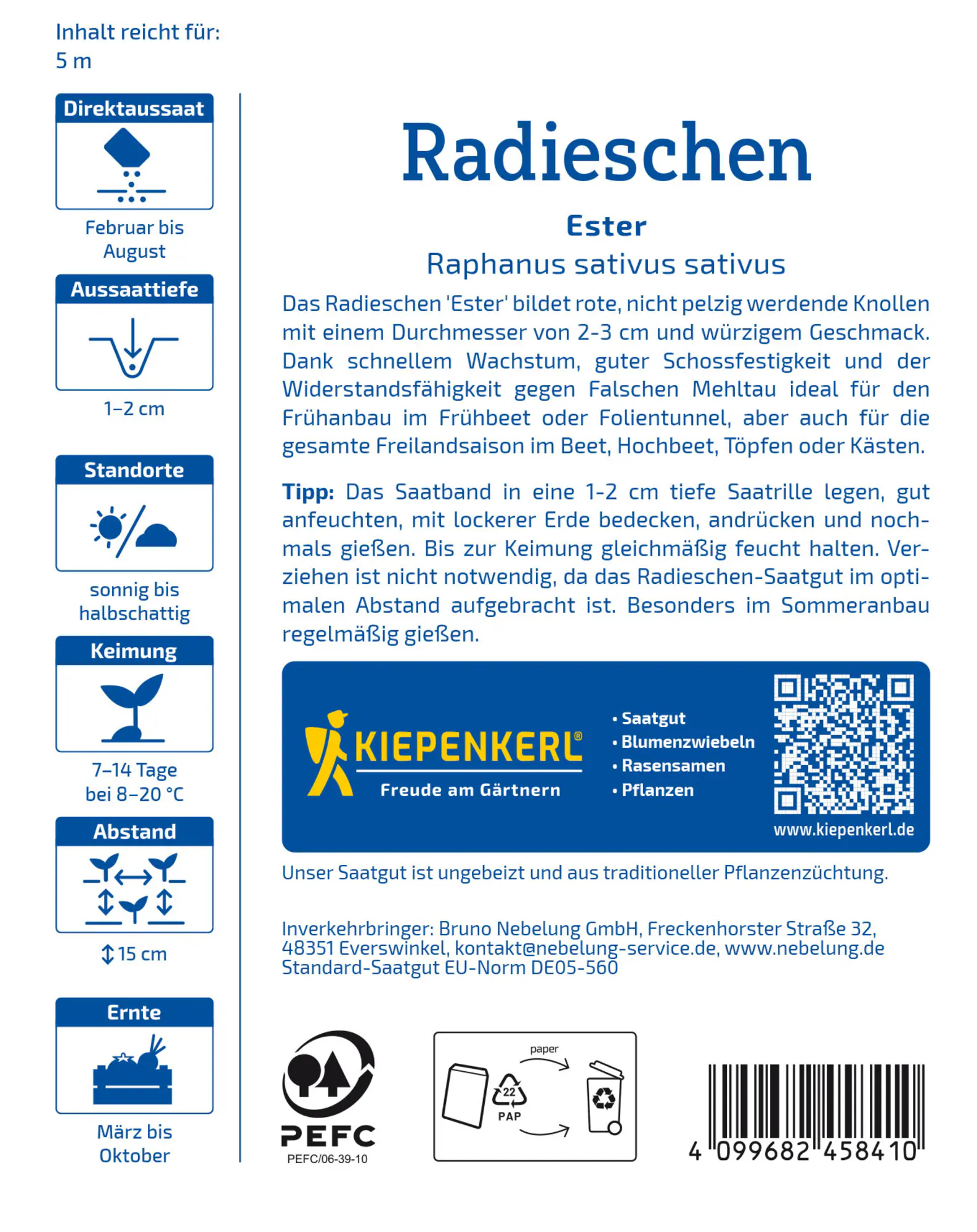 Kiepenkerl Profi-Line Saatgut Radieschen Ester Saatband für ca. 0,5 – 0,75 m²