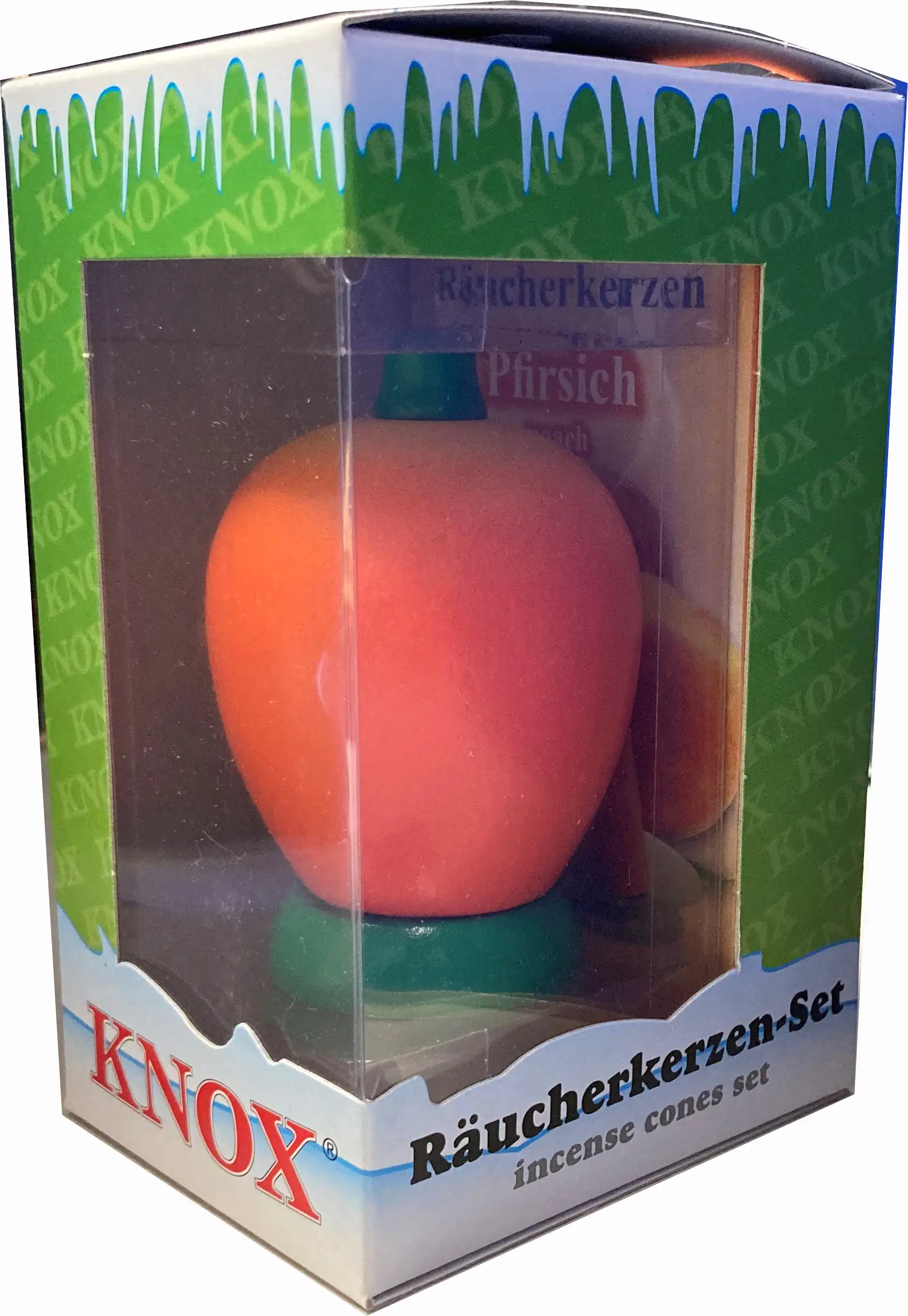 Knox Räucher-Set Pfirsich Räucherfigur aus Holz Pfirsich mit 24 Räucherkerzen Pfirsich