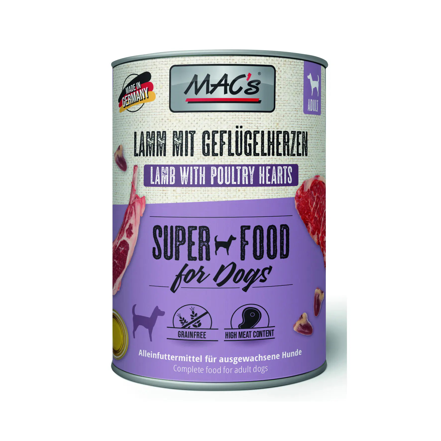 Macs Dog Hundenassfutter Adult getreidefrei 400 g Lamm & Geflügelherzen